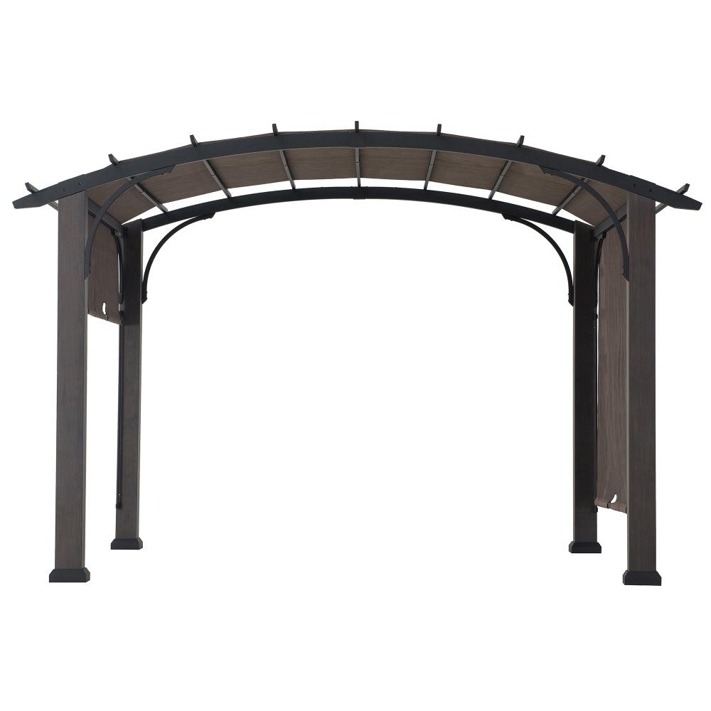 Sunjoy curved-roof retractable pergola with woodgrain steel posts, black arched braces and a tan sliding canopy, studio view