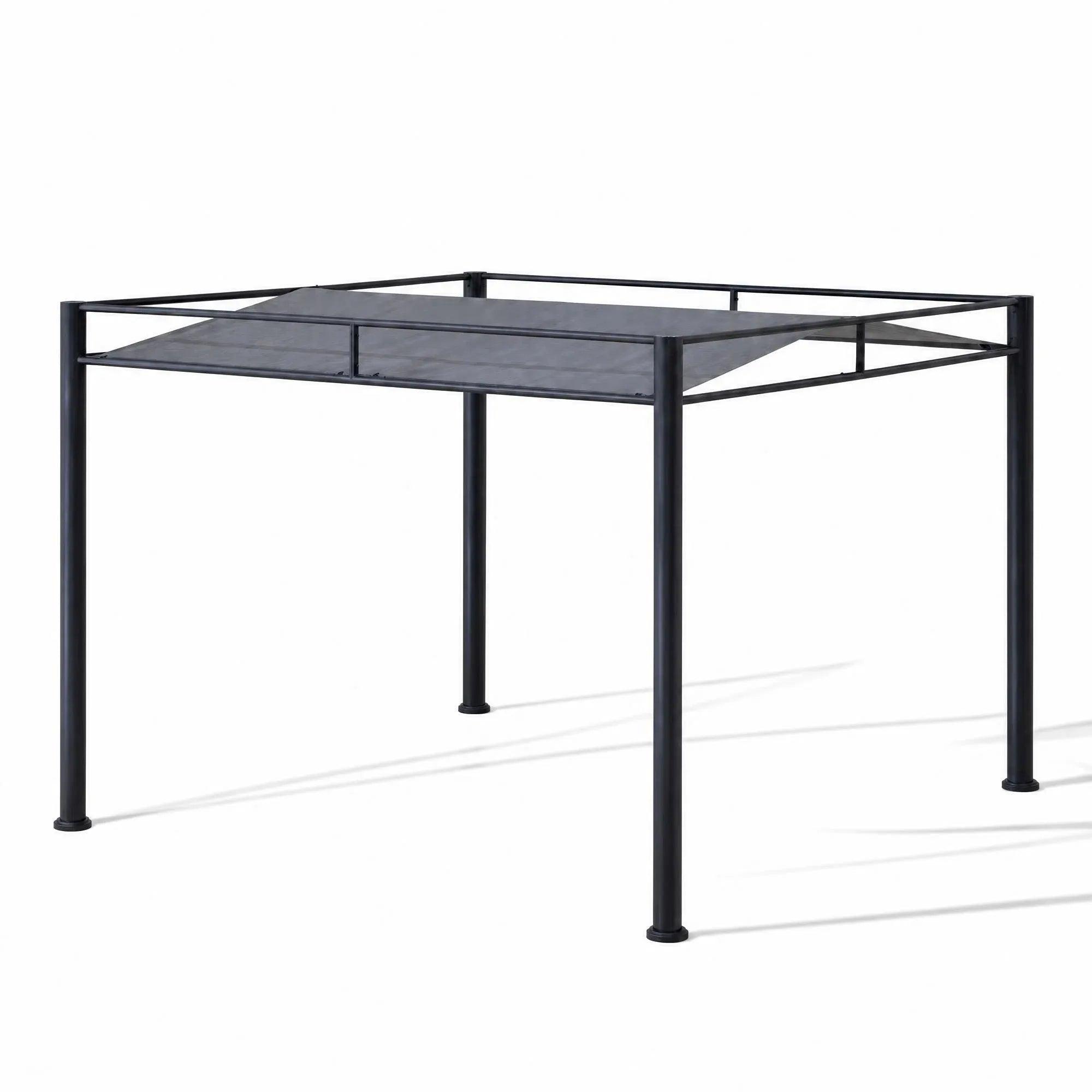 Sunjoy Darkeford pergola in Shadow Black, four round steel posts with a sculpted grey sling canopy, studio view