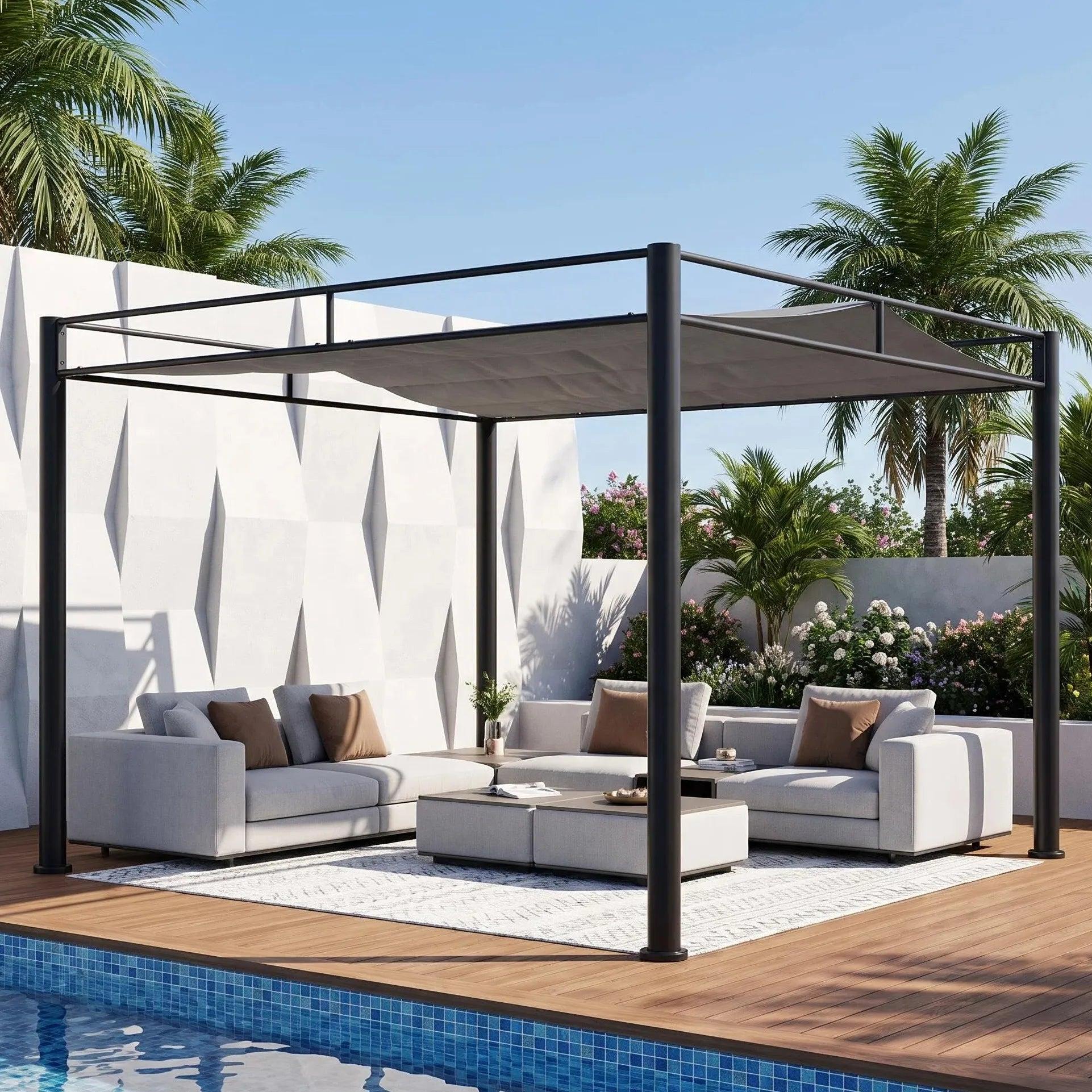 Sunjoy Darkeford pergola in Shadow Black on a poolside deck, shading a pale grey outdoor sectional