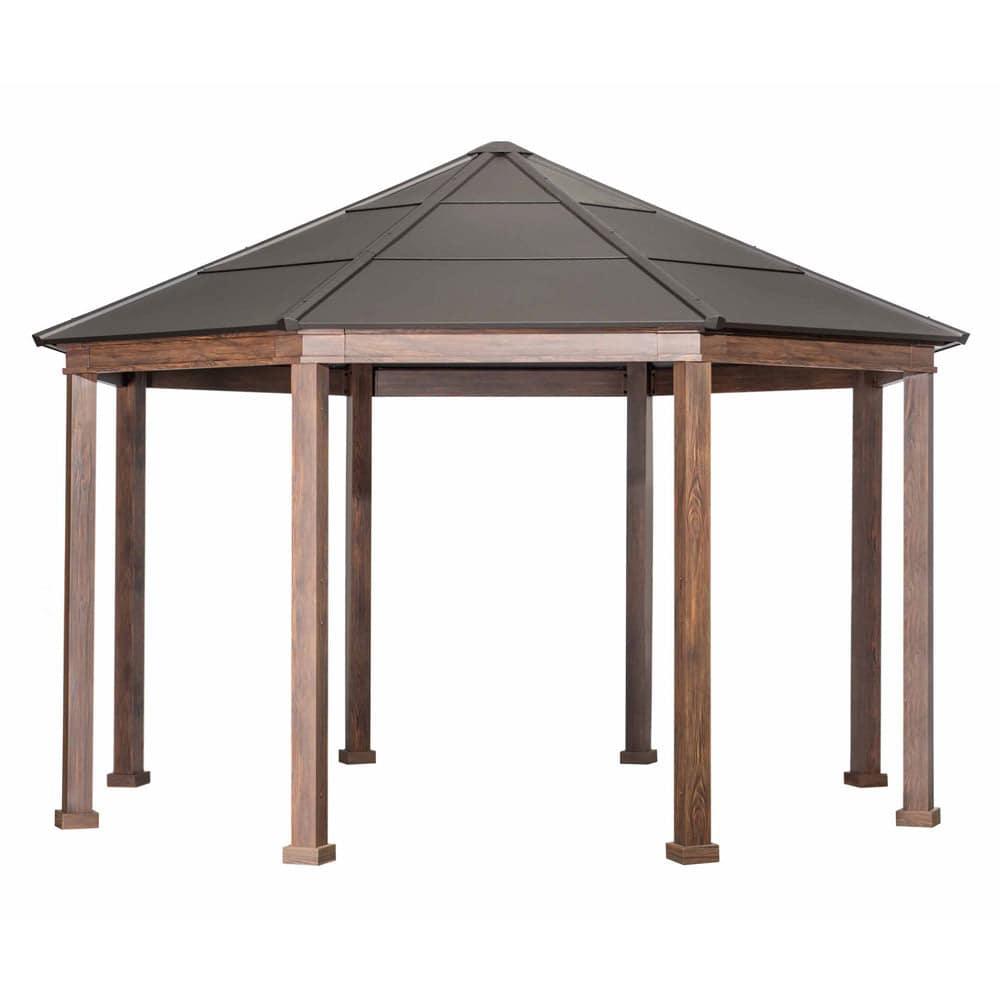 Sunjoy Daybreak octagon gazebo with a brown aluminum roof and dark wood-look posts, studio view