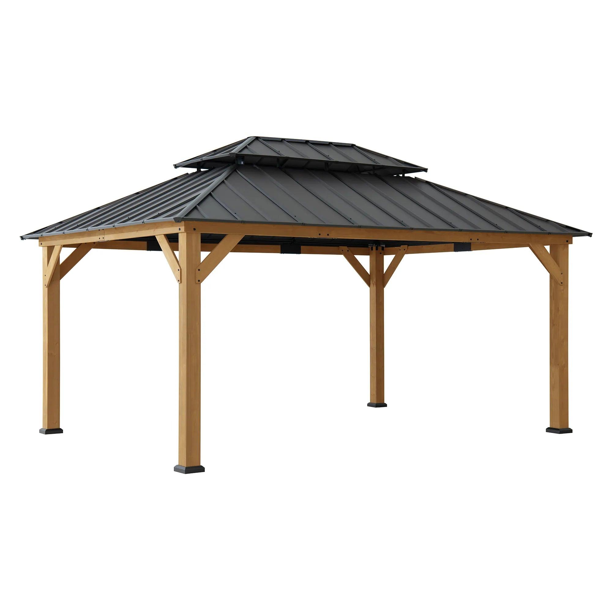 Sunjoy Double-Tier Cedar 12x16 gazebo in natural cedar, studio view of the two-tier galvanized steel roof on four pale timber posts