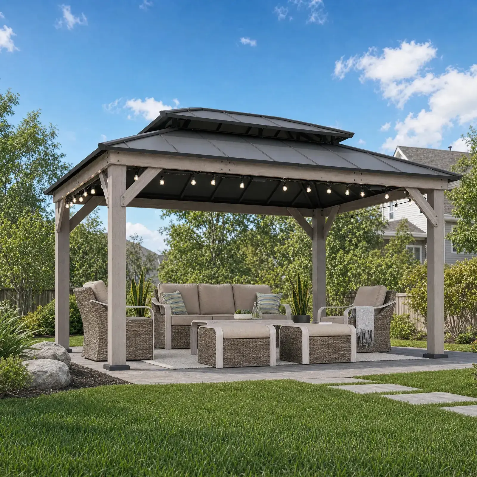 Sunjoy Double-Tier Cedar 12x16 gazebo in driftwood cedar on a lawn, string lights along the beams above a rattan sofa set