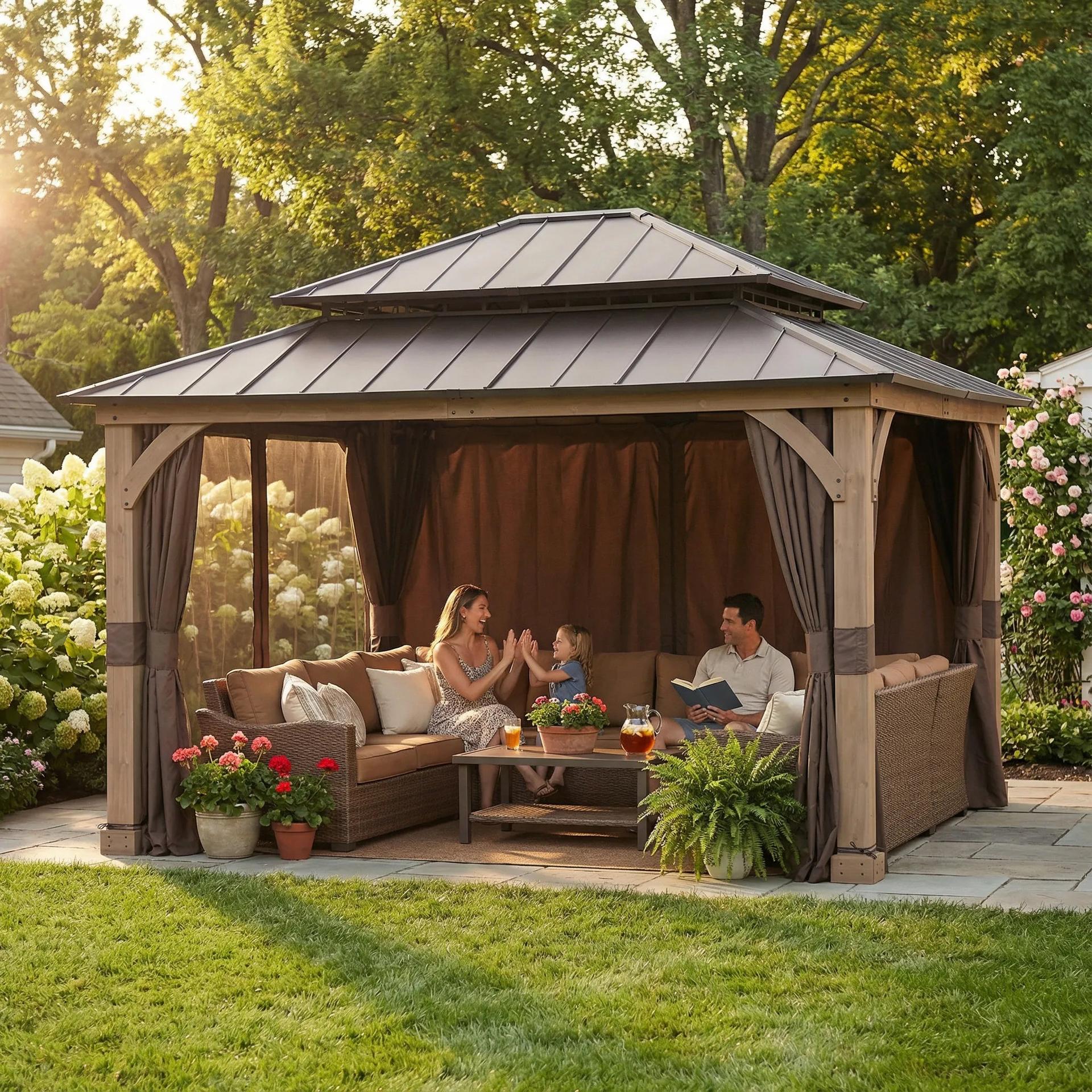 Sunjoy extra-large vent top cedar gazebo with netting and curtains over a lounge set on a lawn