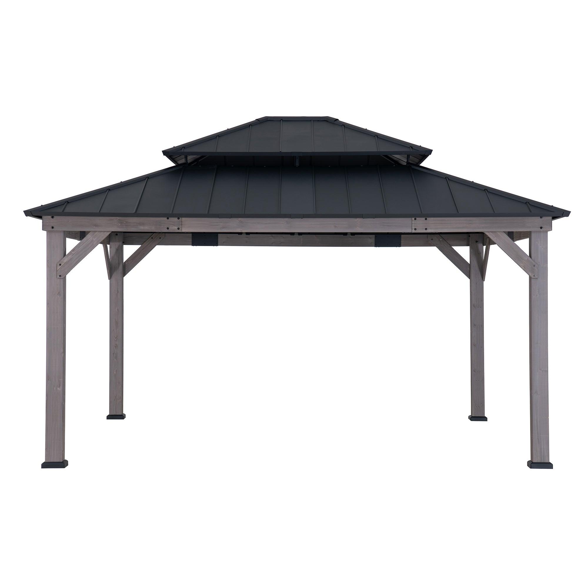 Sunjoy Grand Double-Tier 13x15 gazebo in driftwood cedar, studio view of the two-tier steel roof on four grey-toned timber posts