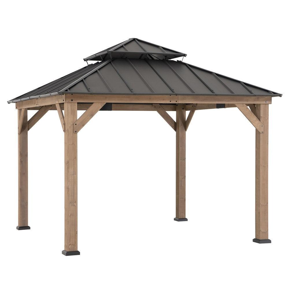 Sunjoy Hampton 11x11 gazebo, studio view of the two-tier steel roof on four pale timber posts with corner braces