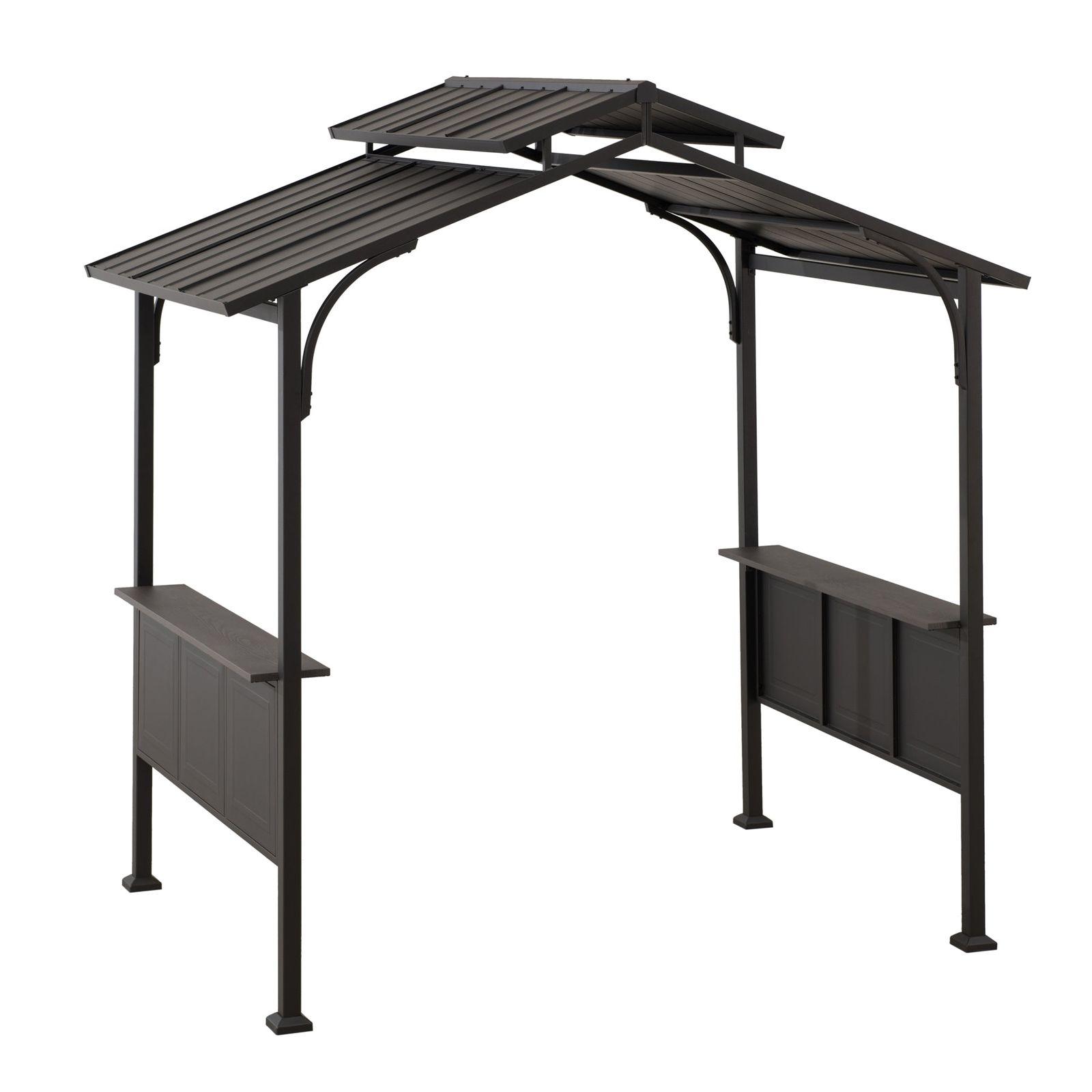 Sunjoy Hanscom 5x8 hardtop grill gazebo in brown, studio view of the two-tier steel roof on curved braces with bar shelves on both sides