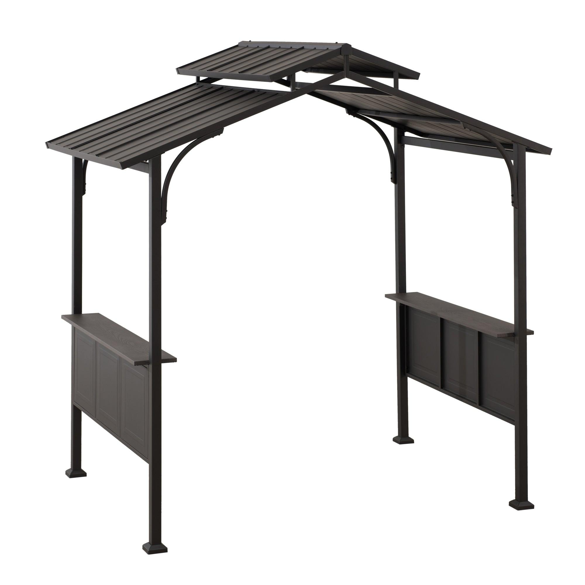 Sunjoy Hanscom 5x8 hardtop grill gazebo in brown, studio view of the two-tier steel roof on curved braces with bar shelves on both sides
