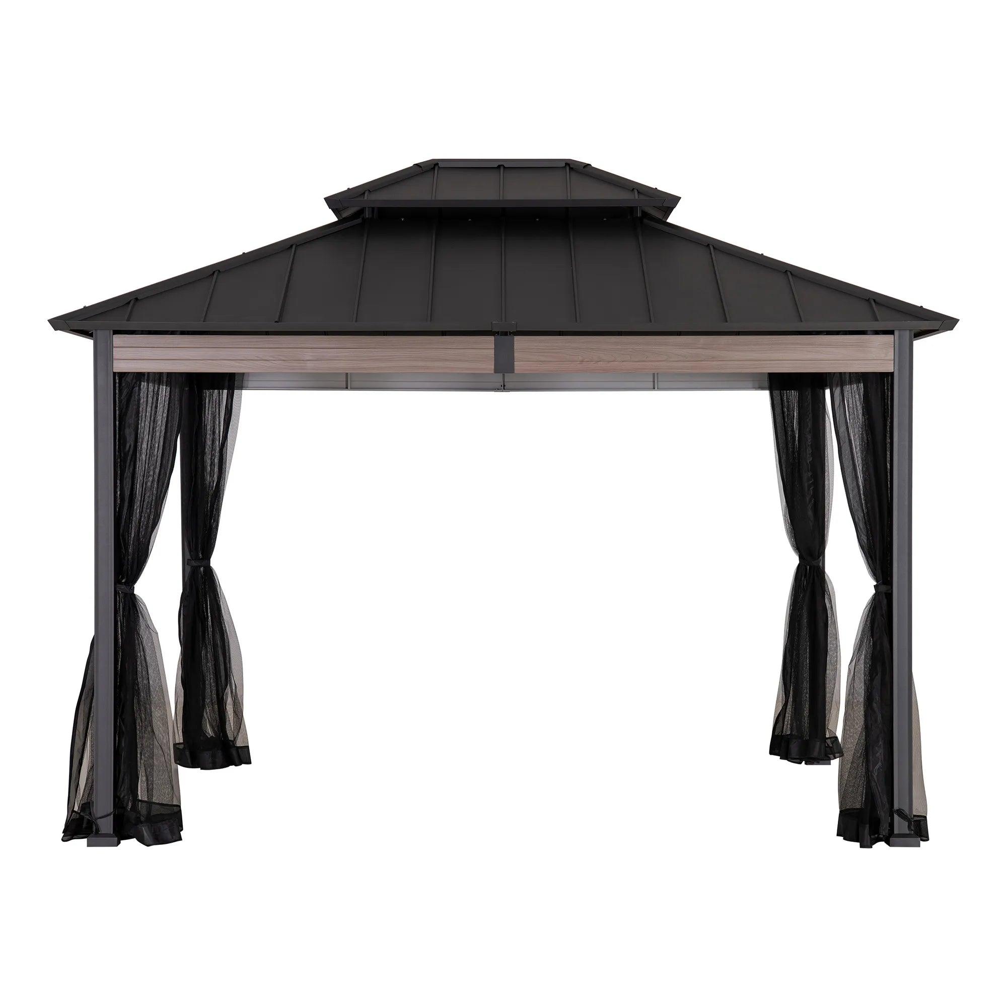 Sunjoy heavy-duty 10x12 hardtop gazebo, studio view of the two-tier steel roof on posts with wood-finish crossbeams and netting gathered at each corner