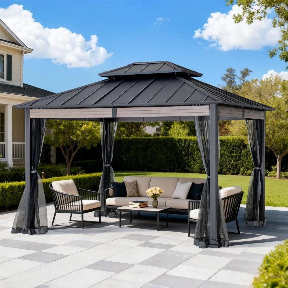 Sunjoy heavy-duty 10x12 hardtop gazebo on a paved patio sheltering a sofa and armchairs with the netting drawn back