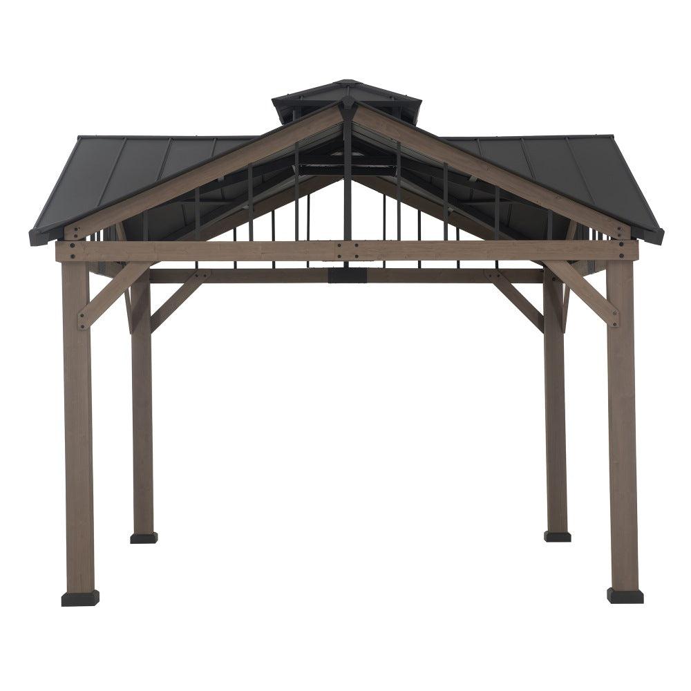 Sunjoy 12x12 heavy-duty wooden gazebo, studio view of the four-sided gable steel roof with a raised centre vent on four thick timber posts