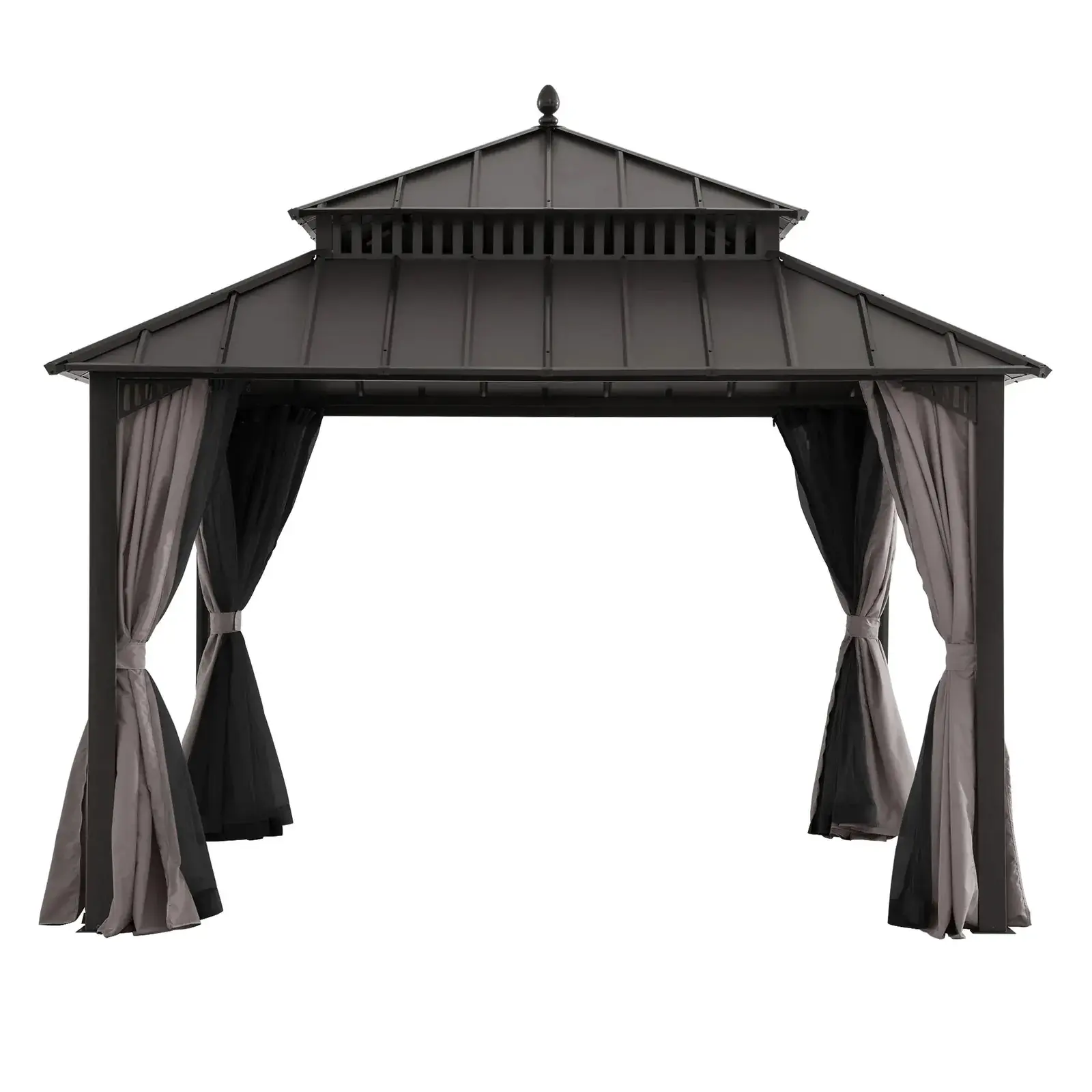 Sunjoy Kingston hardtop gazebo with aluminum posts, a two-tier steel roof and mosquito netting and curtains on a dual track