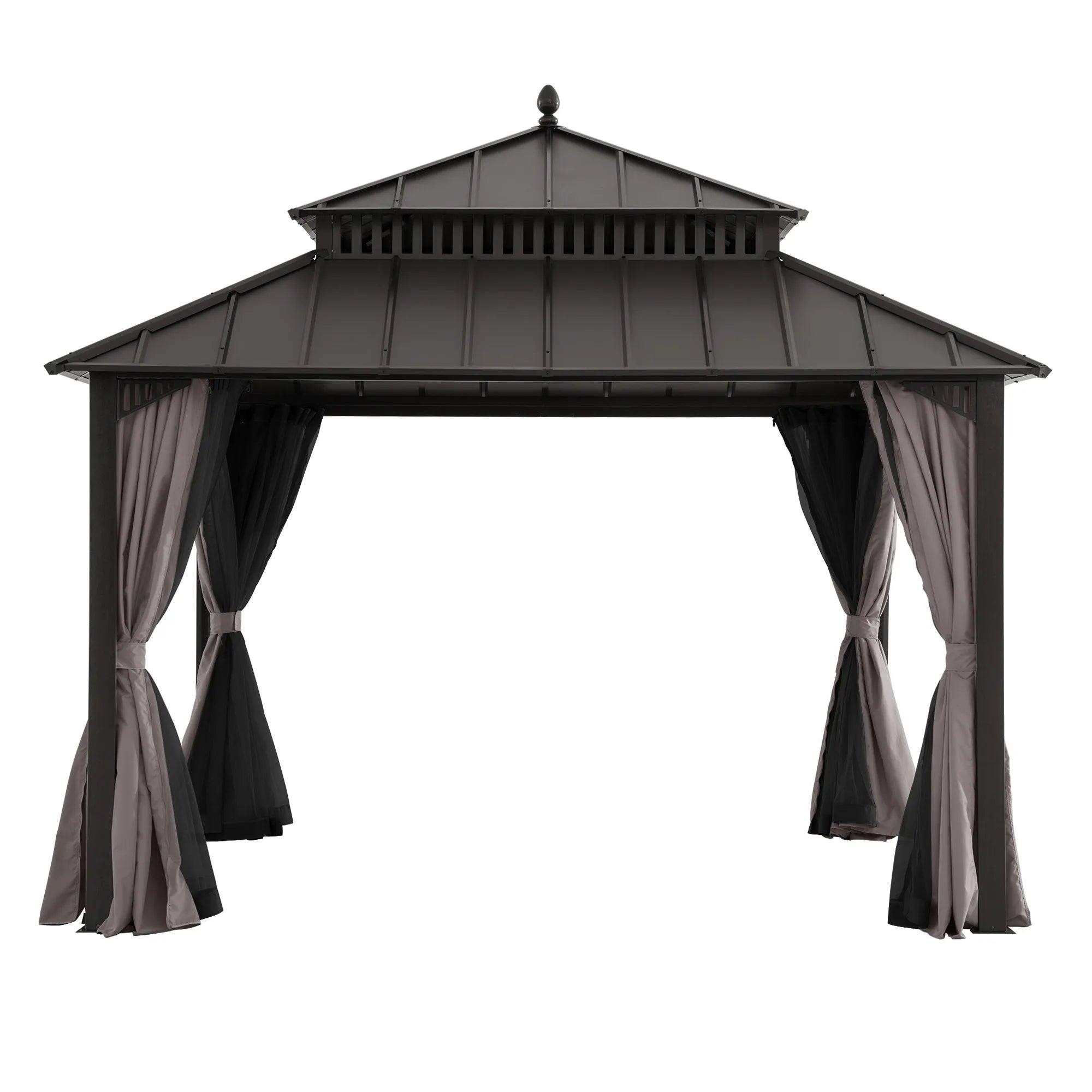 Sunjoy Kingston Aluminum gazebo 12x12 in Espresso Brown, studio view of the two-tier vented steel hardtop over four aluminium posts with curtains and netting tied back