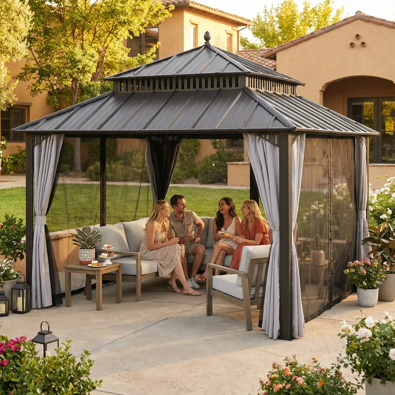Sunjoy Kingston Aluminum gazebo in Espresso Brown on a paved terrace, two-tier steel hardtop roof over outdoor seating