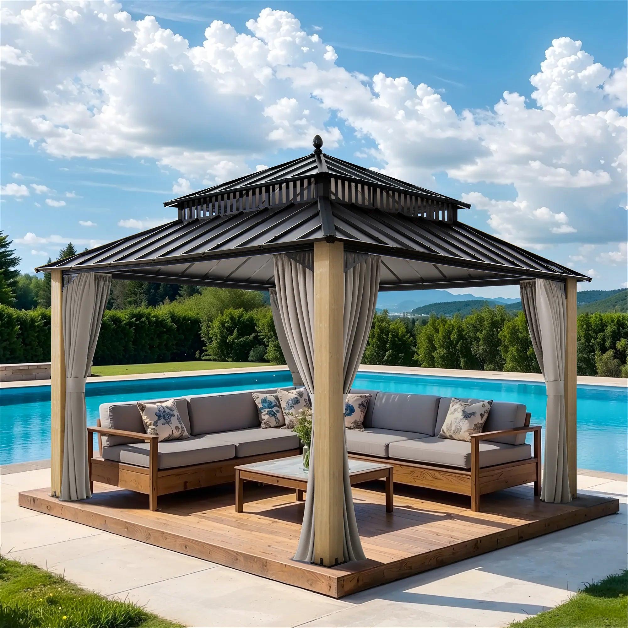 Sunjoy Kingston Elite Cedar gazebo 12x12 on a timber deck beside a pool, a grey sectional and coffee table beneath the steel roof