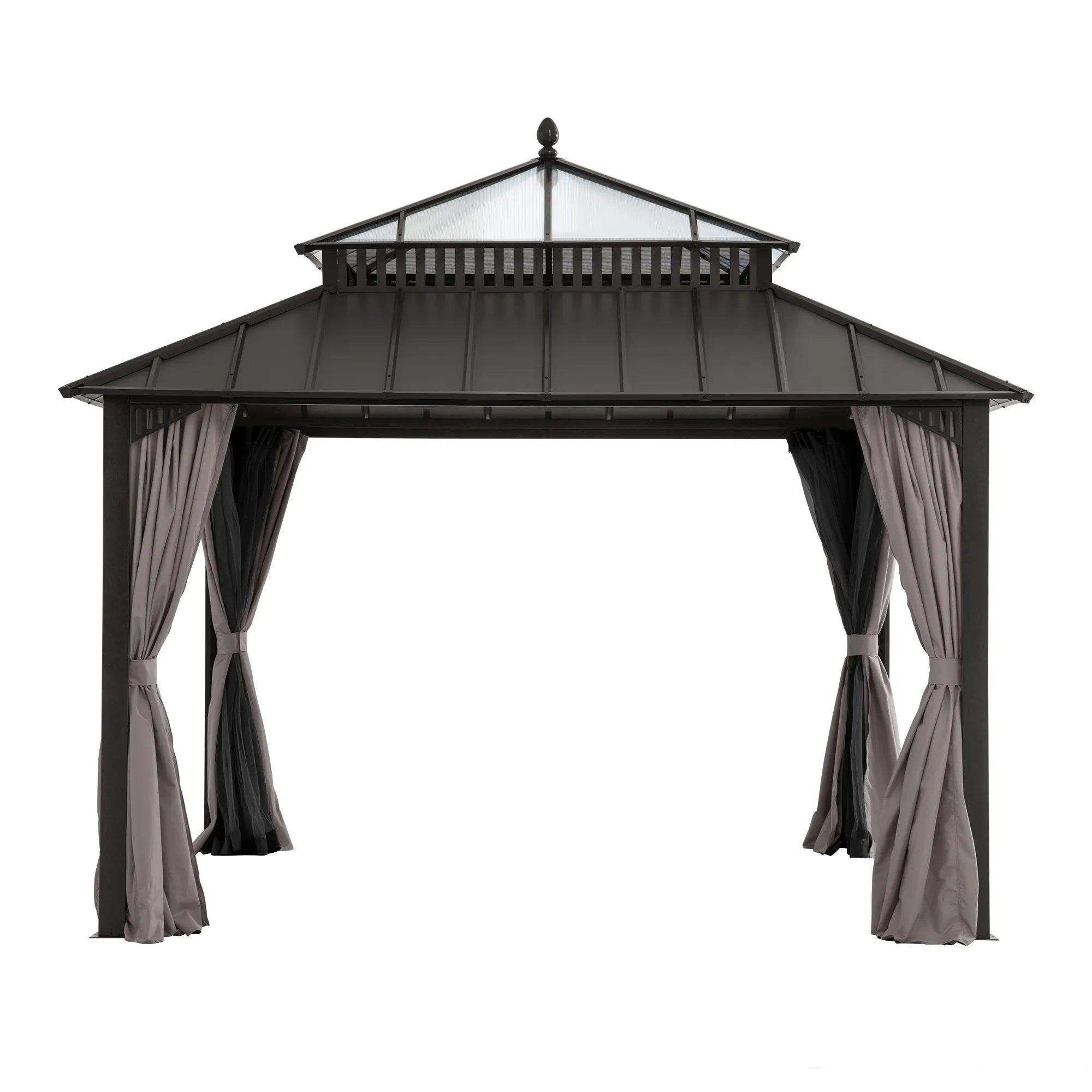 Sunjoy Kingston Horizon PC-Vent gazebo 12x12 in brown, studio view showing solid steel panels on the lower roof and a translucent polycarbonate vent tier above
