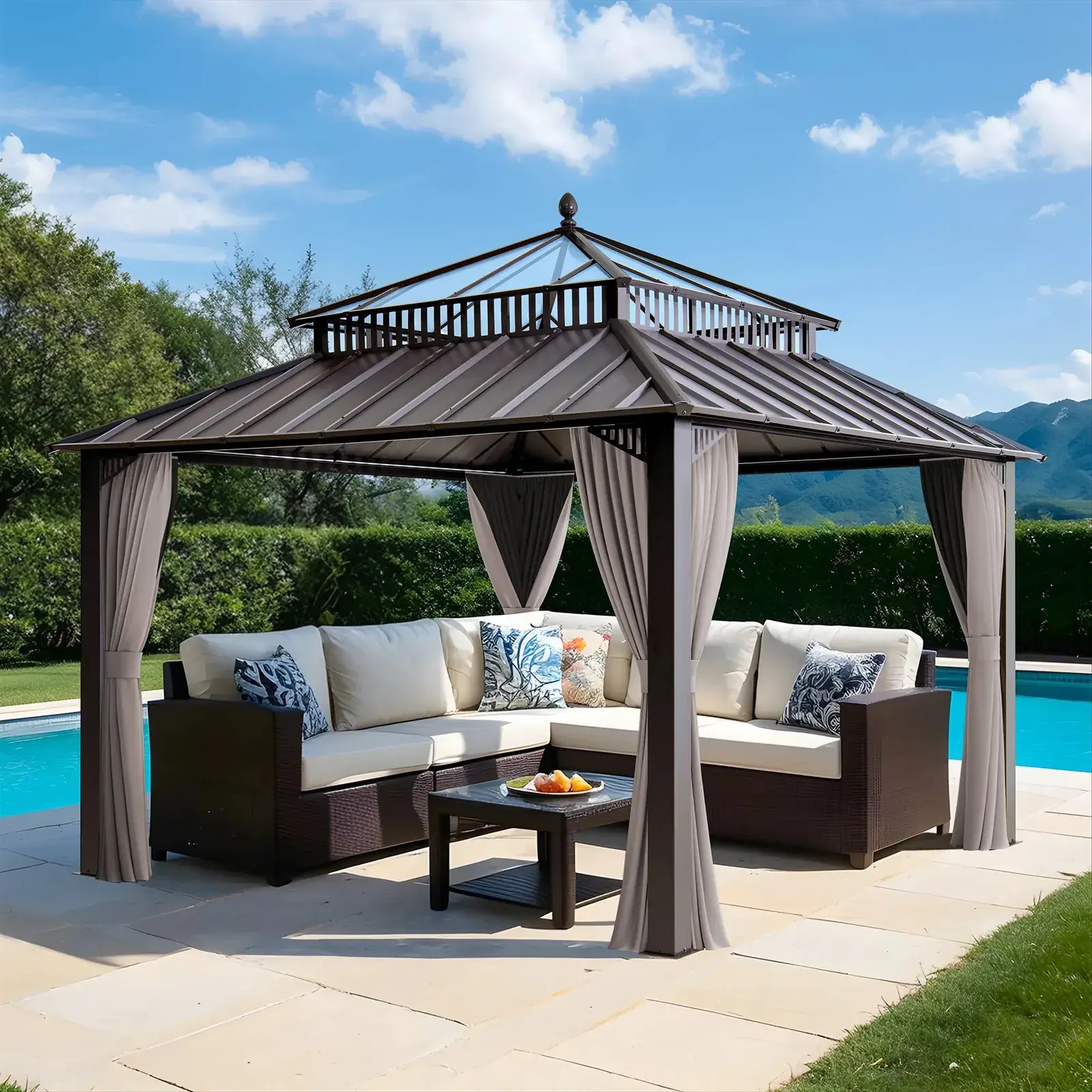 Sunjoy Kingston Horizon PC-Vent gazebo 12x12 in brown beside a pool, daylight passing through the polycarbonate vent onto a corner sofa