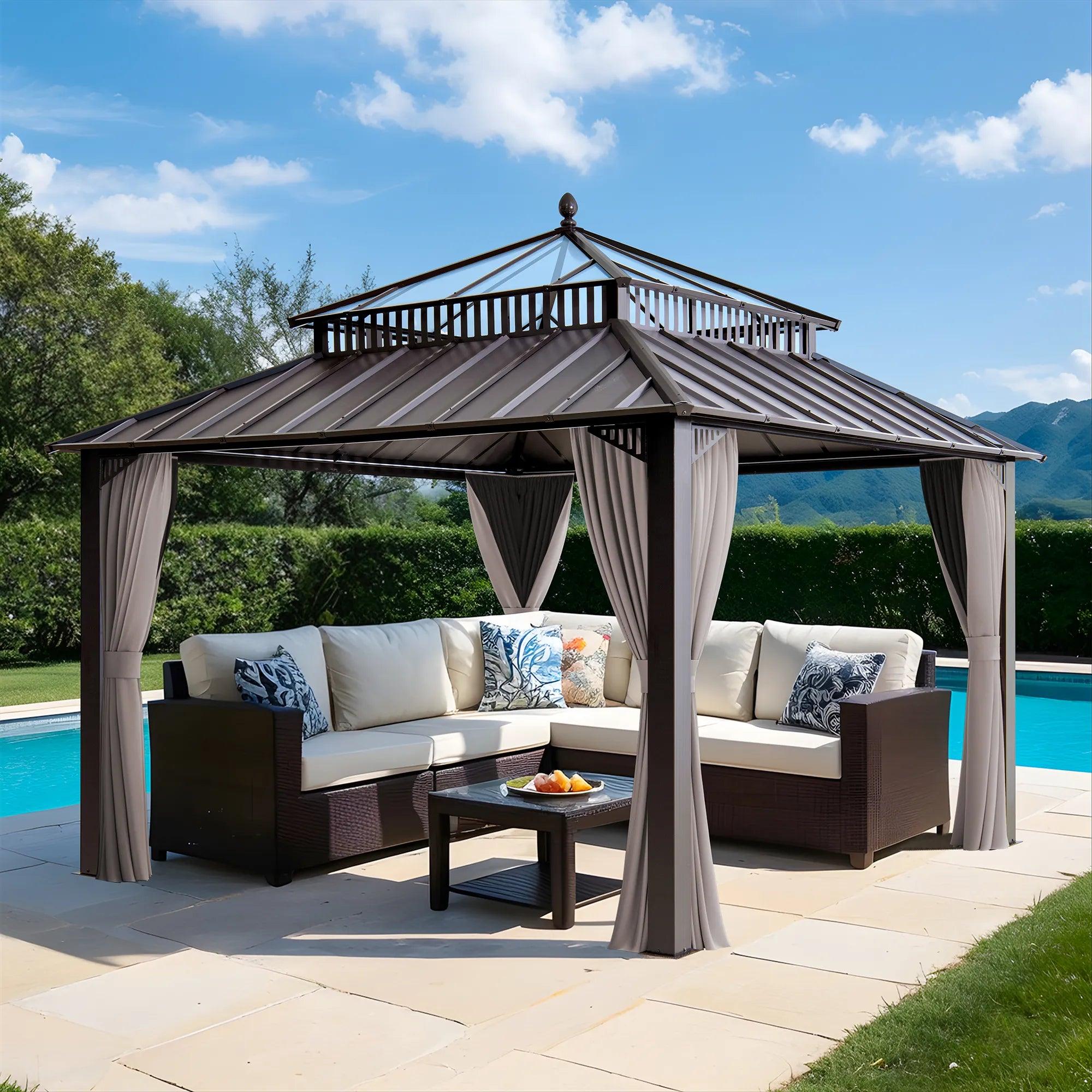 Sunjoy Kingston Horizon PC-Vent gazebo 12x12 in brown beside a pool, daylight passing through the polycarbonate vent onto a corner sofa