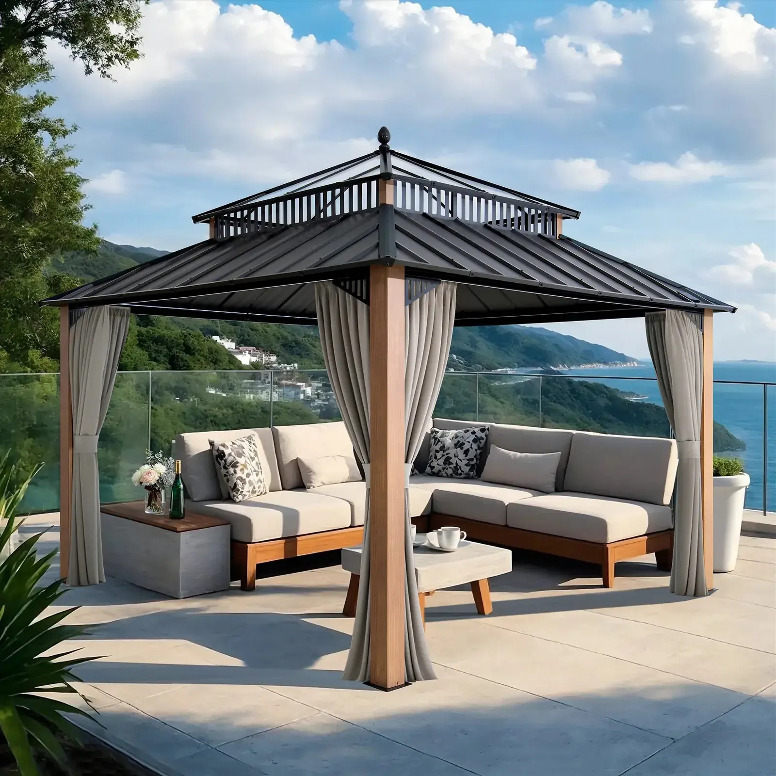 Sunjoy Kingston Horizon PC-Vent gazebo in natural woodgrain on a coastal terrace, two-tier steel roof with a clear vent top and curtains tied back at each post