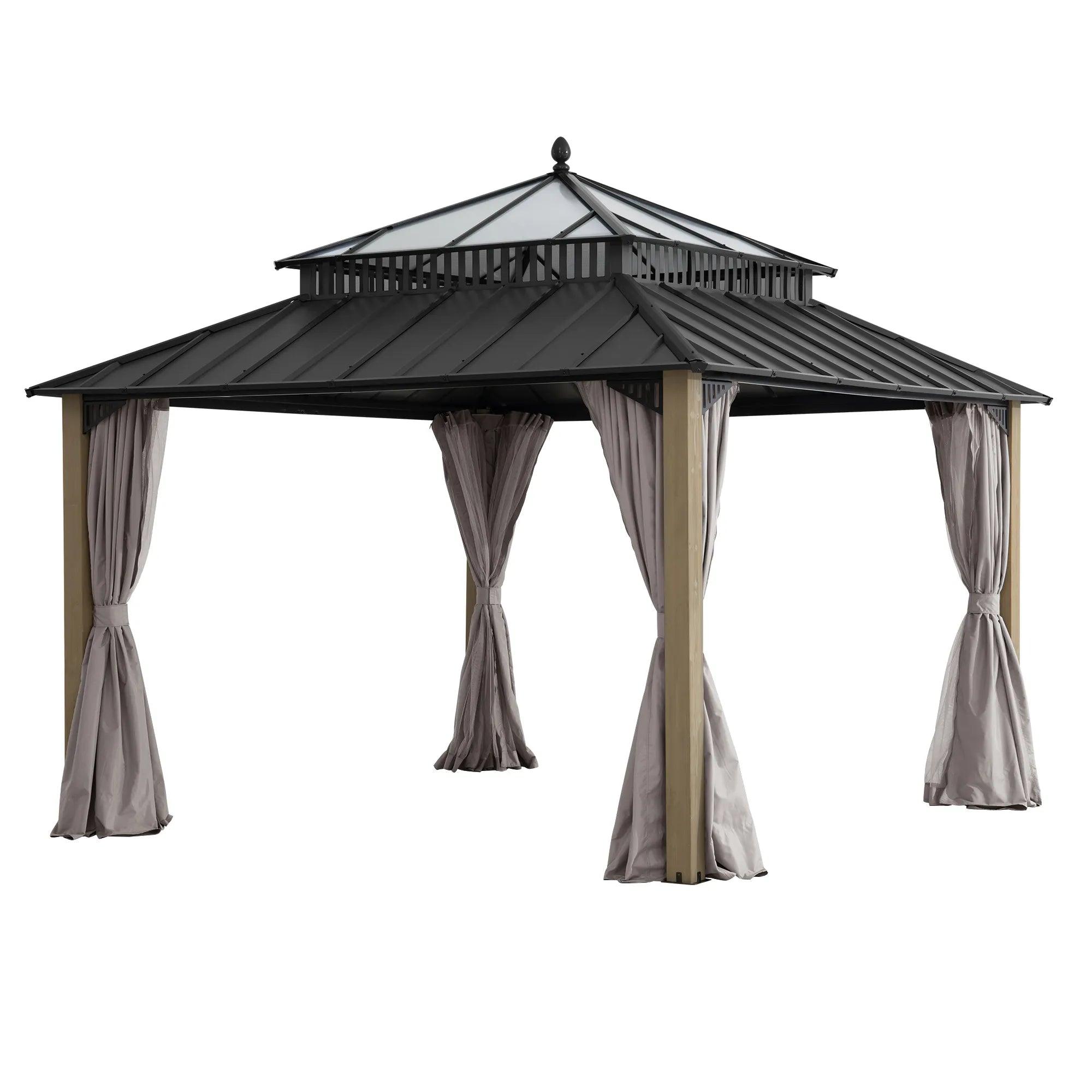 Sunjoy Kingston Horizon PC-Vent Cedar gazebo 12x12, studio view of timber posts under a steel roof with a translucent polycarbonate vent tier above