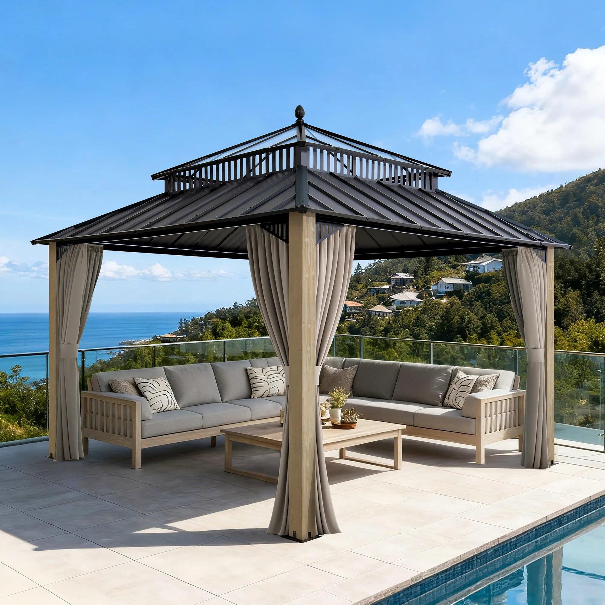 Sunjoy Kingston Horizon PC-Vent Cedar gazebo 12x12 on a clifftop terrace, daylight passing through the polycarbonate vent onto a pale sectional