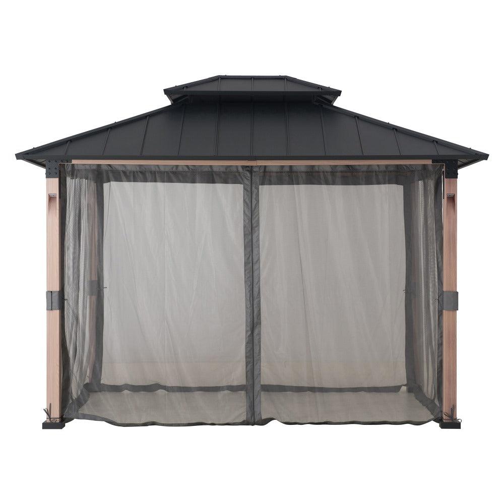 Sunjoy Kirkfield 10x12 metal gazebo, studio view of the two-tier steel roof on wood-grain finish posts with mosquito netting fitted on all four sides