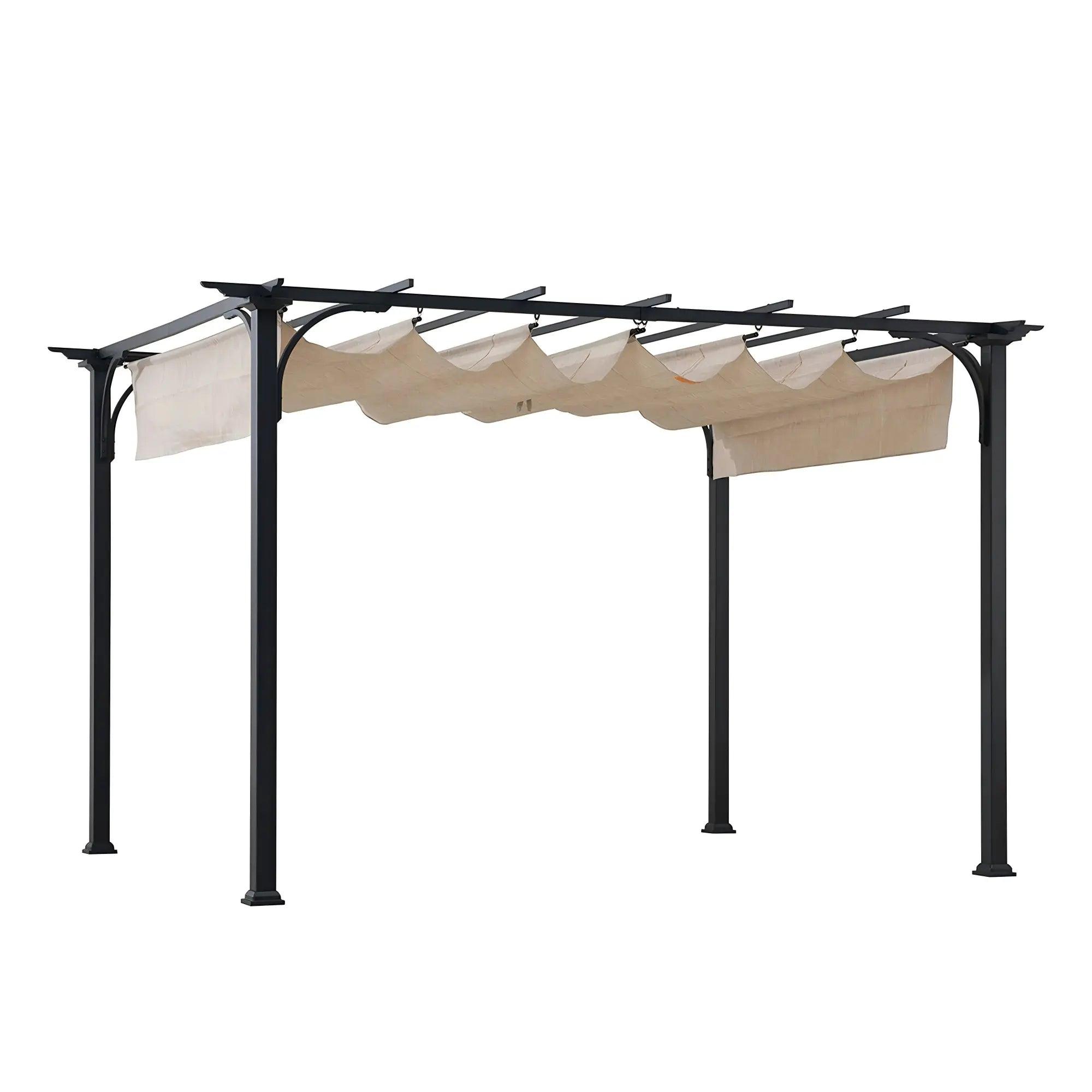 Sunjoy Linear Retractable steel pergola with black frame and beige sling canopy partly retracted, studio view