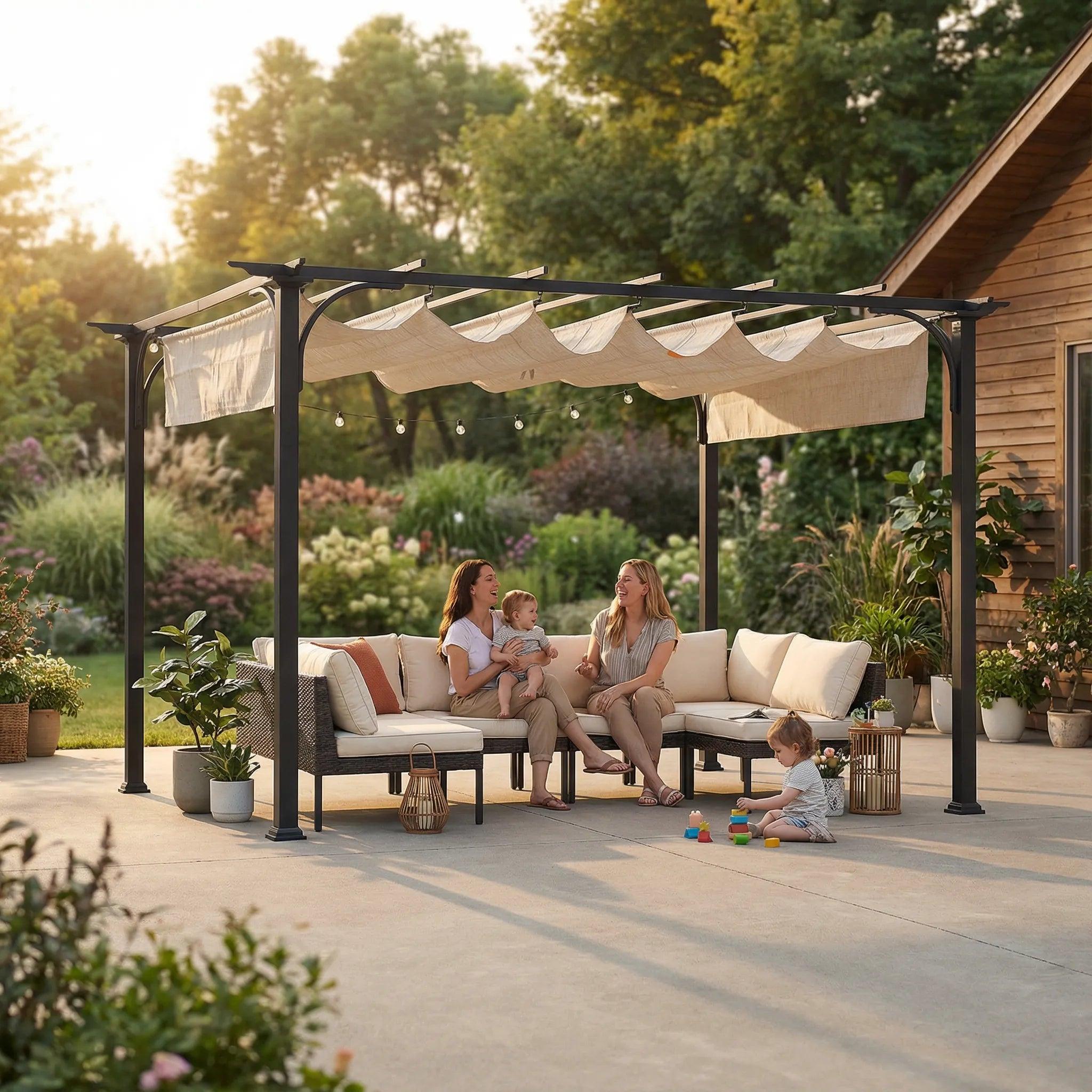 Sunjoy Linear Retractable pergola on a concrete patio shading a wicker sectional, two adults and small children below