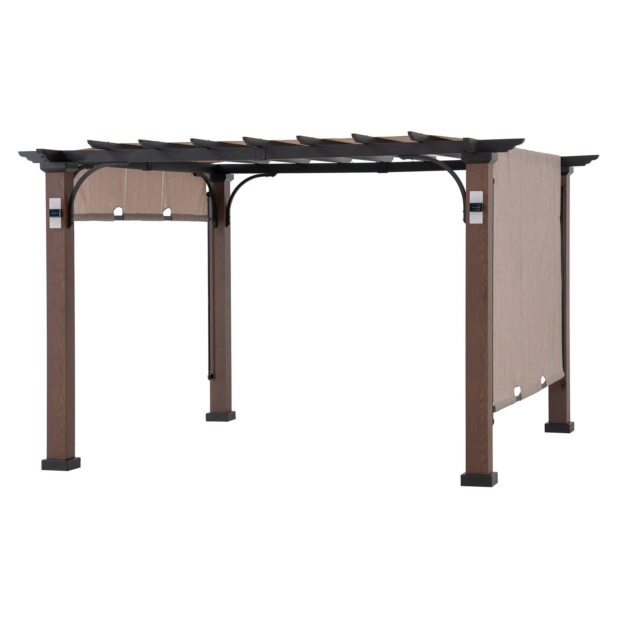 Sunjoy Linear Solar Hybrid pergola with woodgrain steel posts, solar panels mounted on the posts and a beige sliding canopy