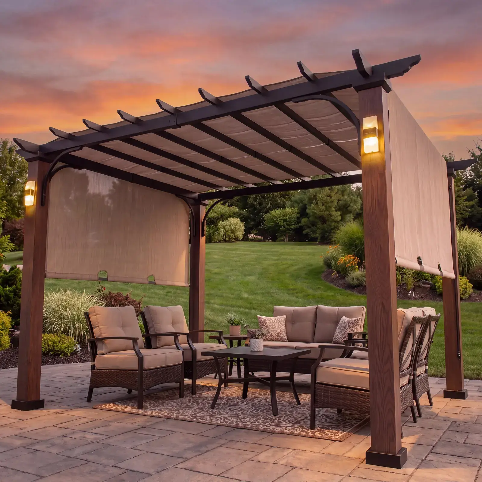 Sunjoy Linear Solar Hybrid pergola over a patio lounge set at sunset, post-mounted solar lights lit
