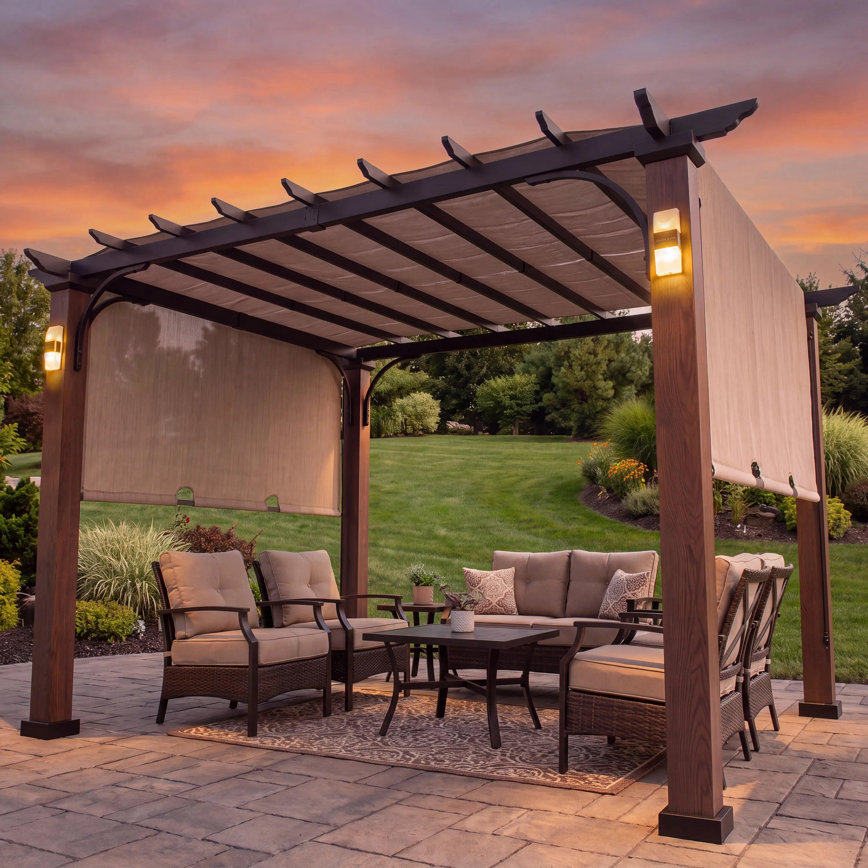 Sunjoy Linear Solar Hybrid pergola over a patio lounge set at sunset, post-mounted solar lights lit