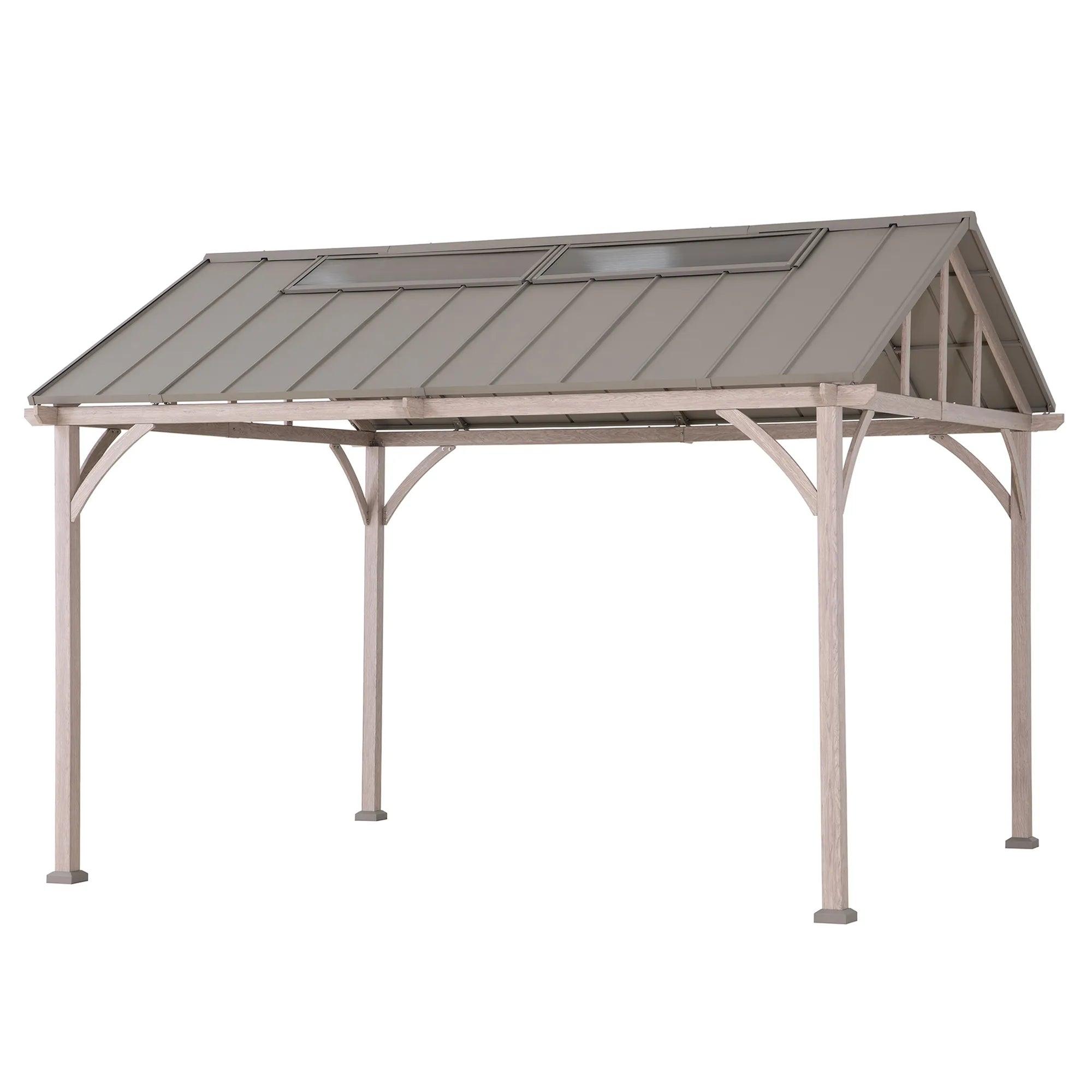 Sunjoy Maple Hills 11x13 gazebo, studio view of the pitched galvanized steel roof with a polycarbonate skylight strip on a pale wood-grain finish frame