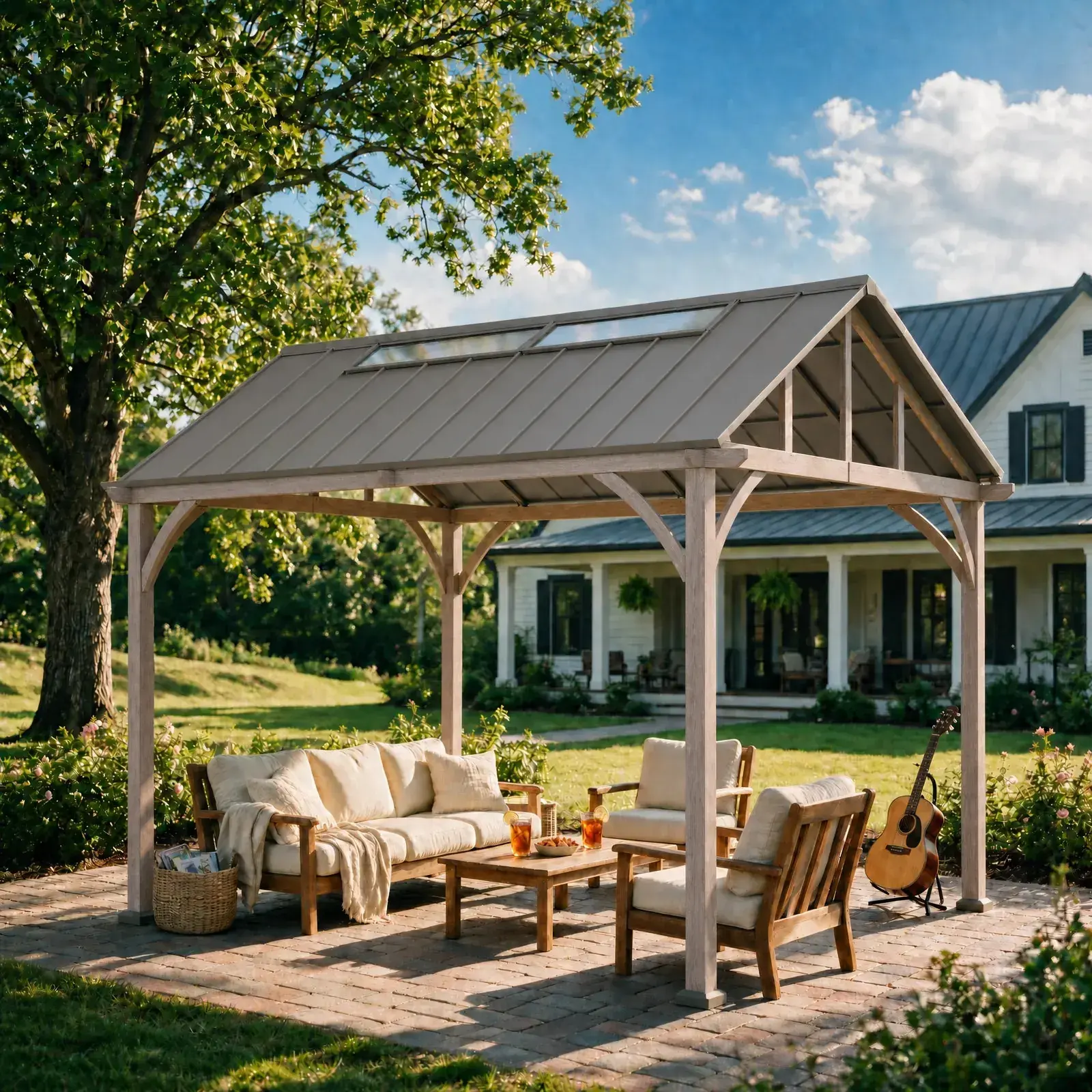 Sunjoy Maple Hills 11x13 gazebo on a lawn beside a farmhouse, sheltering a sofa and armchairs with daylight coming through the roof skylight