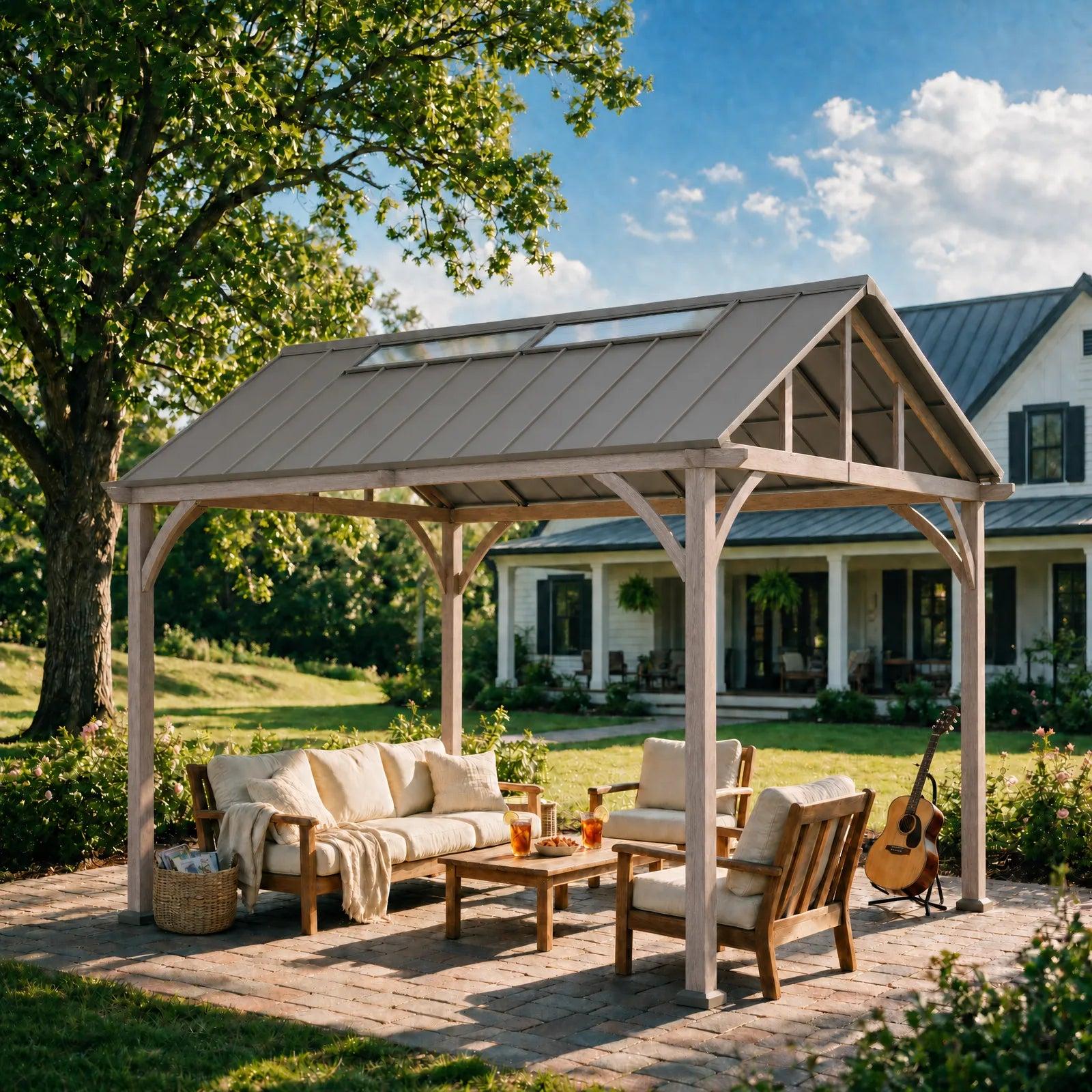 Sunjoy Maple Hills 11x13 gazebo on a lawn beside a farmhouse, sheltering a sofa and armchairs with daylight coming through the roof skylight