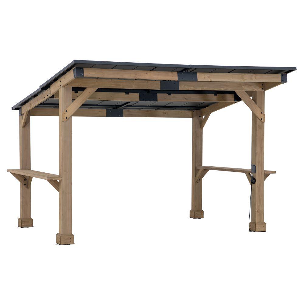 Sunjoy Meridian Bar Shelves structure with a solid wood frame, sloping dark steel hardtop roof and two wood bar shelves, studio view