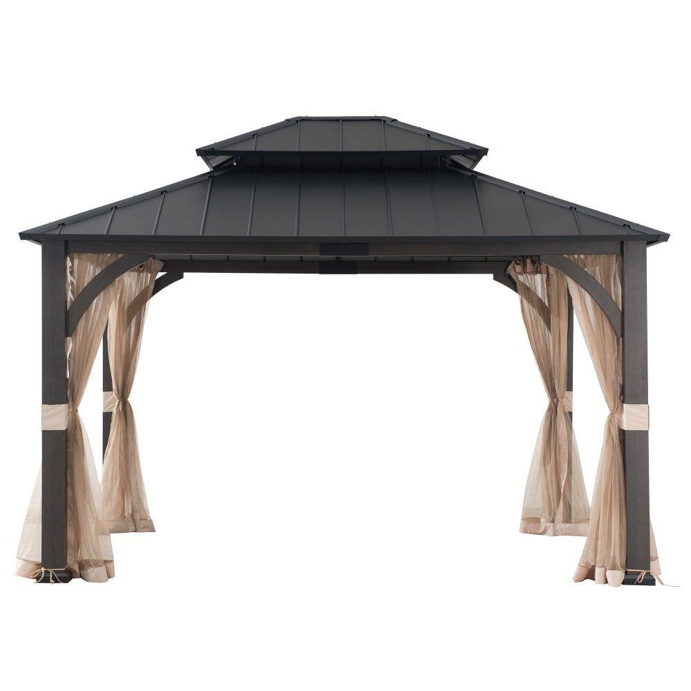 Sunjoy Meridian 13x15 woodgrain metal gazebo, studio view of the two-tier steel hardtop roof on woodgrain-finish posts with netting gathered at each corner