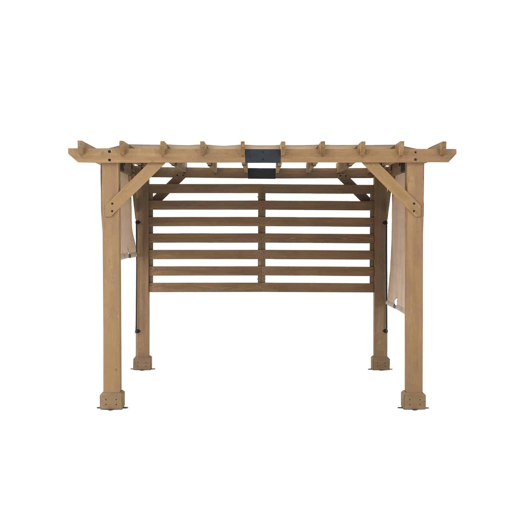 Sunjoy 10x11 cedar pergola with slatted privacy wall and cream adjustable sling canopy panels, studio view
