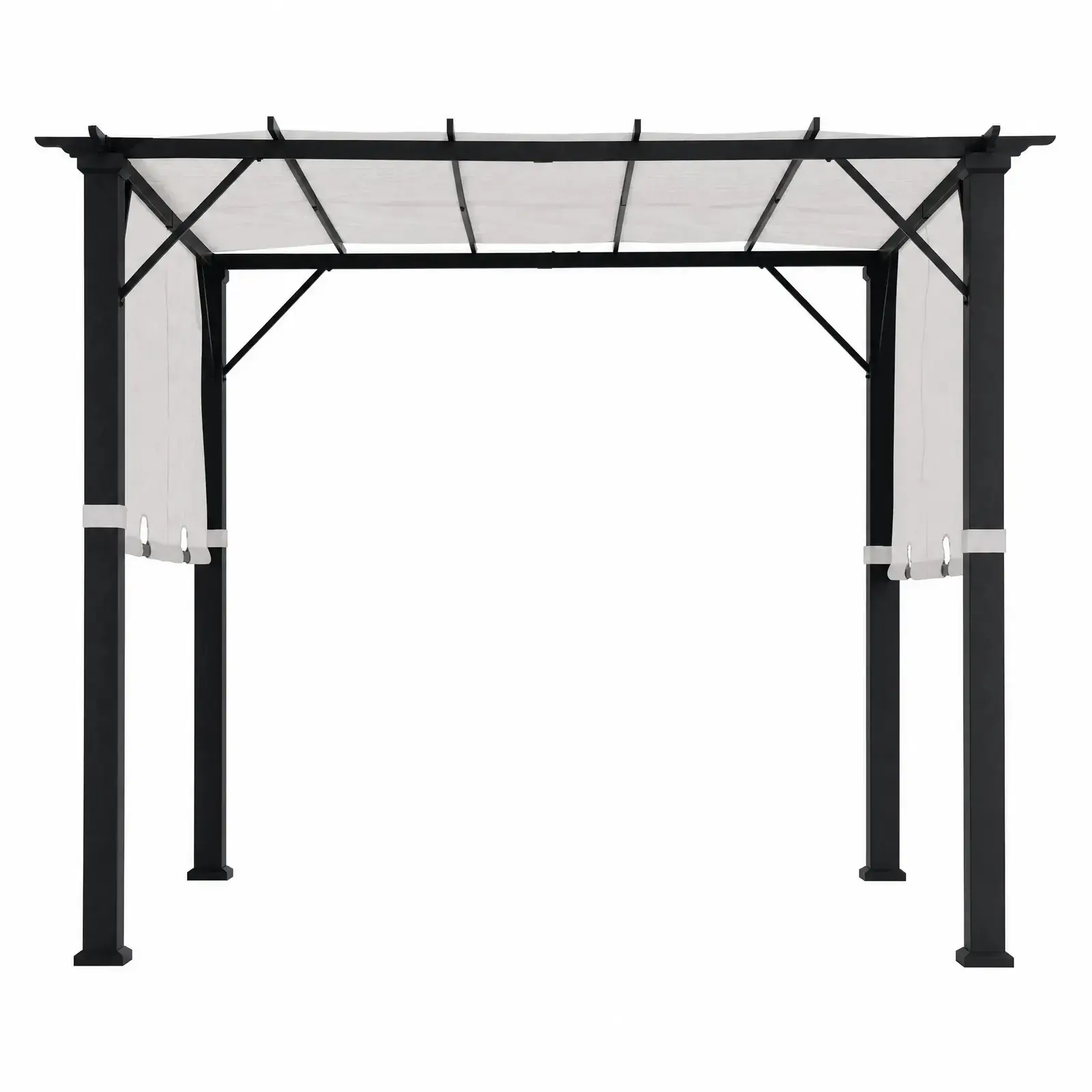 Sunjoy Palladio 9x9 pergola with matte black steel frame and white sliding canopy, studio view