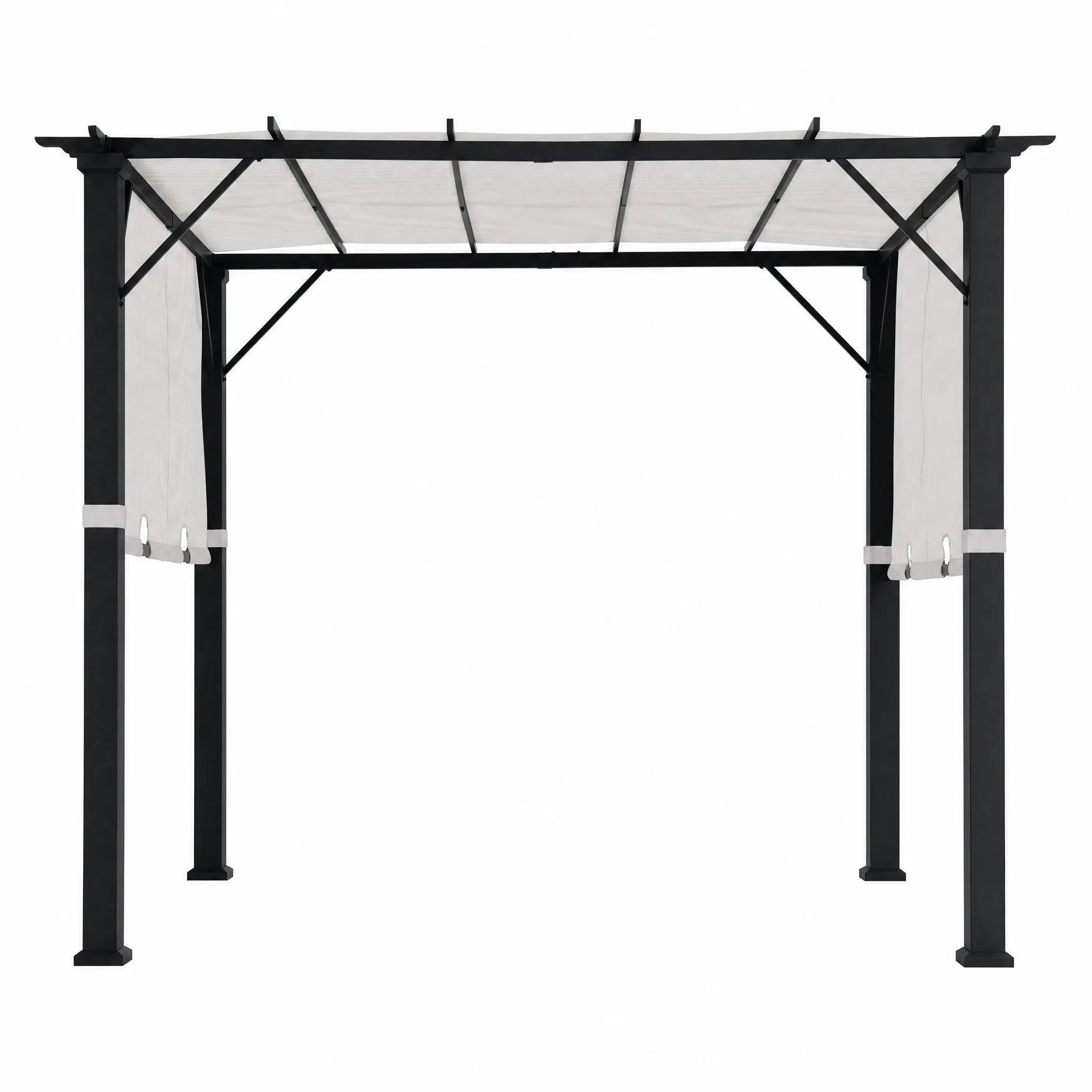 Sunjoy Palladio 9x9 pergola with matte black steel frame and white sliding canopy, studio view
