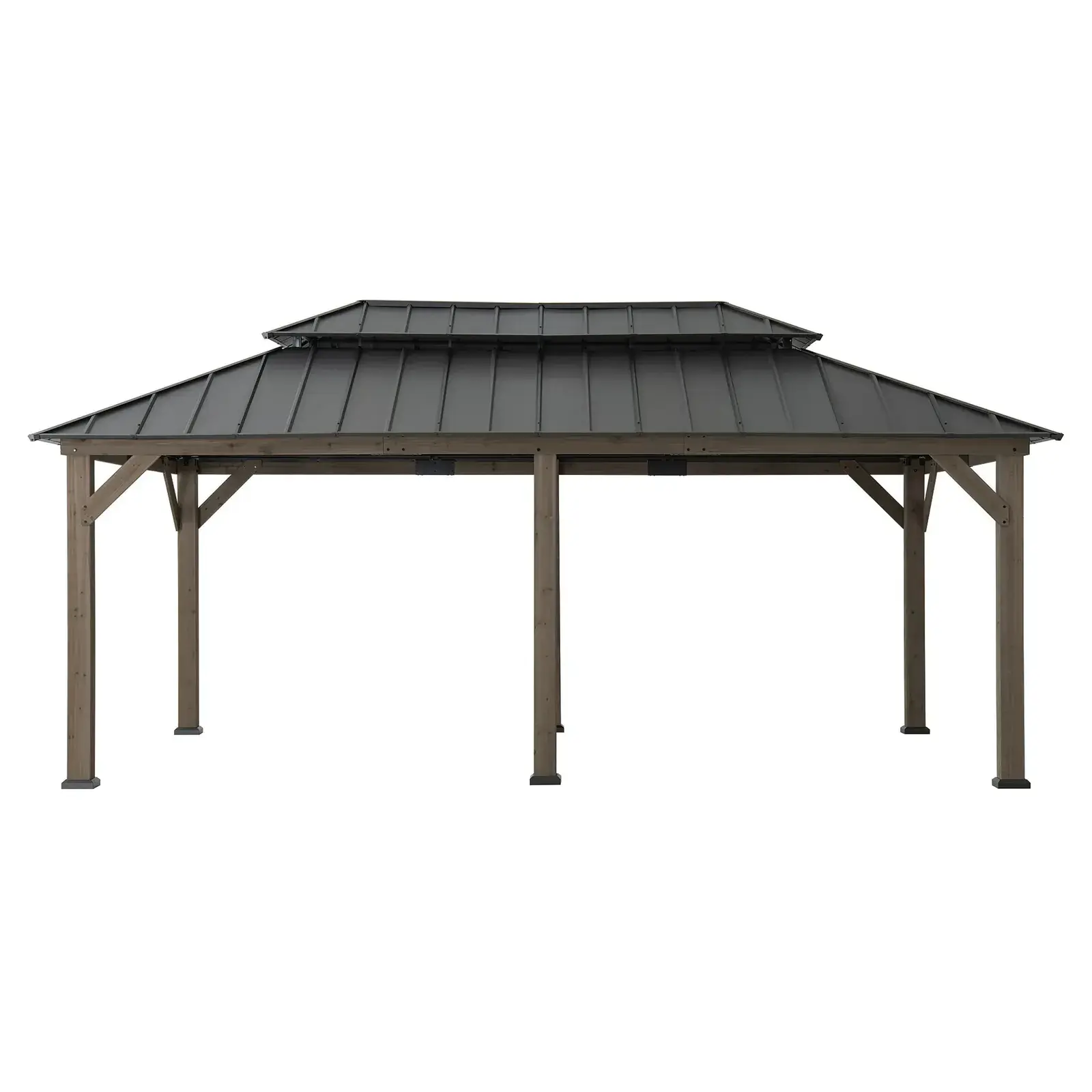 Sunjoy Patio Wooden 12x20 gazebo in weathered cedar, studio view of the long two-tier brown steel roof on six timber posts
