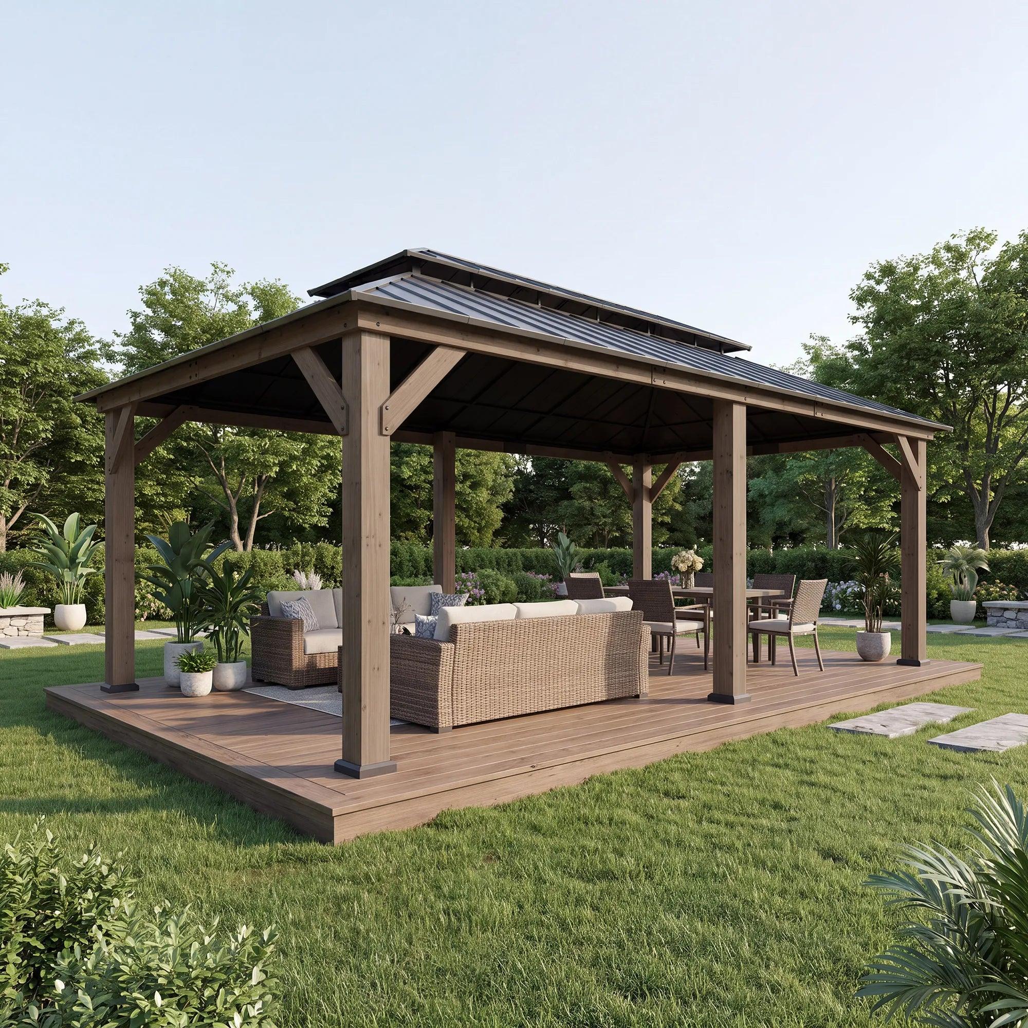 Sunjoy Patio Wooden 12x20 gazebo on a raised deck, sheltering a dining table and a sofa set along its length