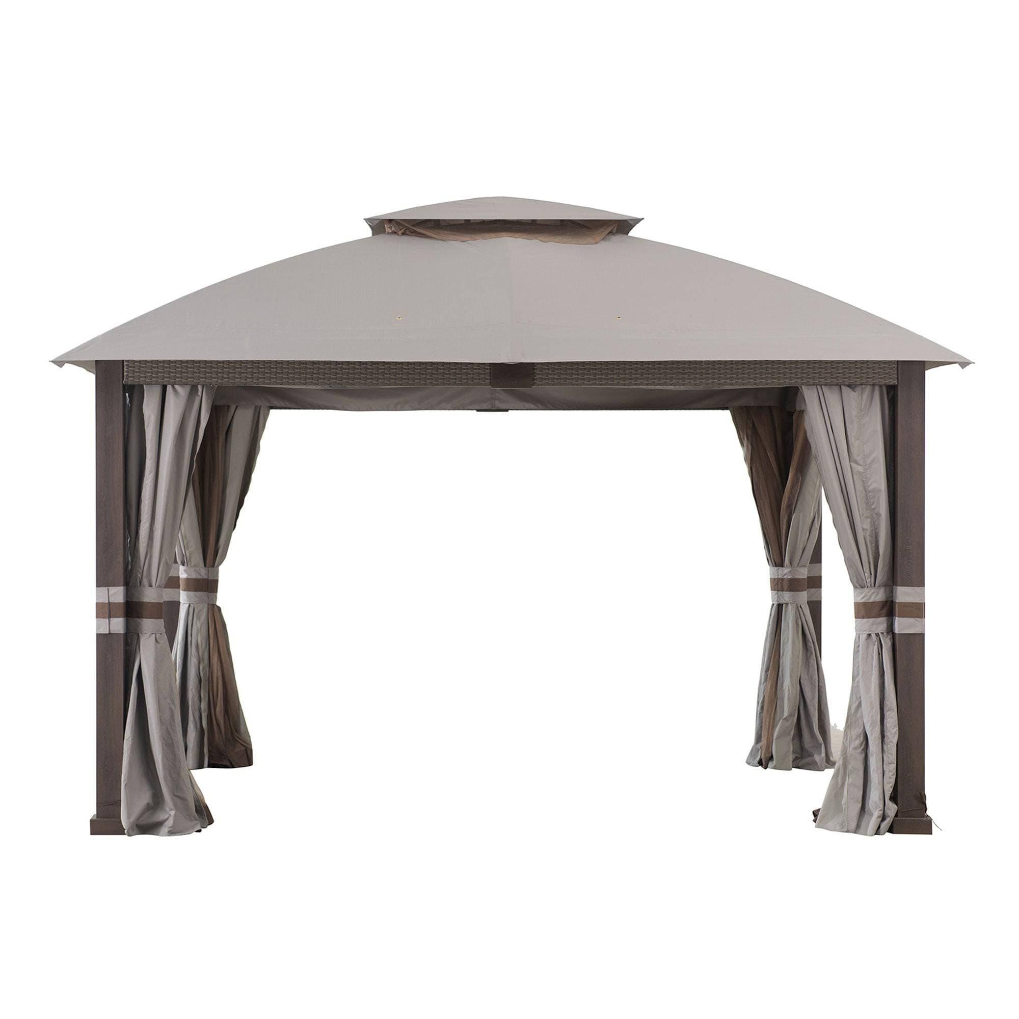 Sunjoy double-tier premium soft-top gazebo 11x13 in light gray, studio view of the two-tier fabric canopy on woodgrain-finish posts with curtains tied back