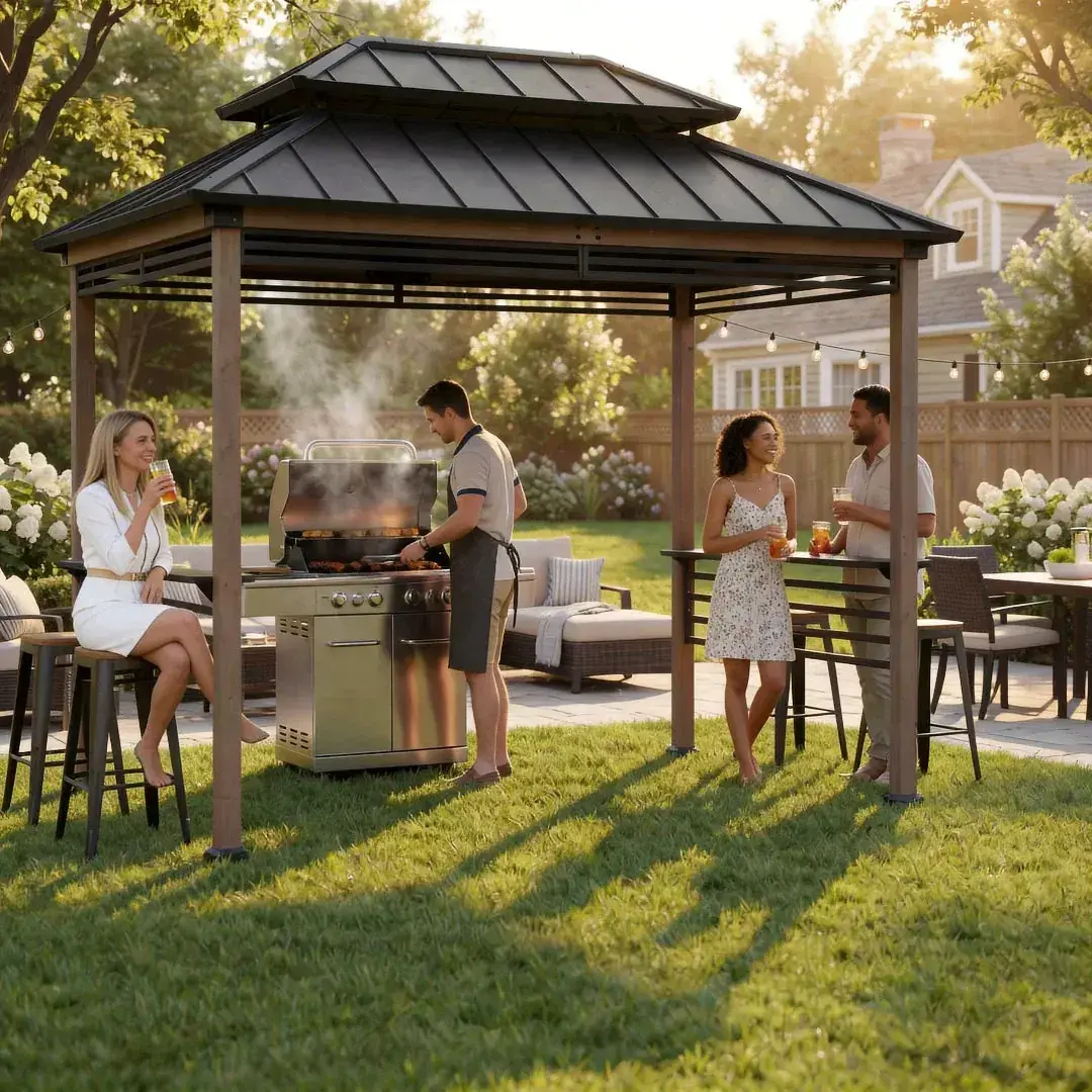 Sunjoy Pro-Grill Fenced Station 8x12 on a lawn with four people around a gas grill beneath the roof and drinks on the side shelf
