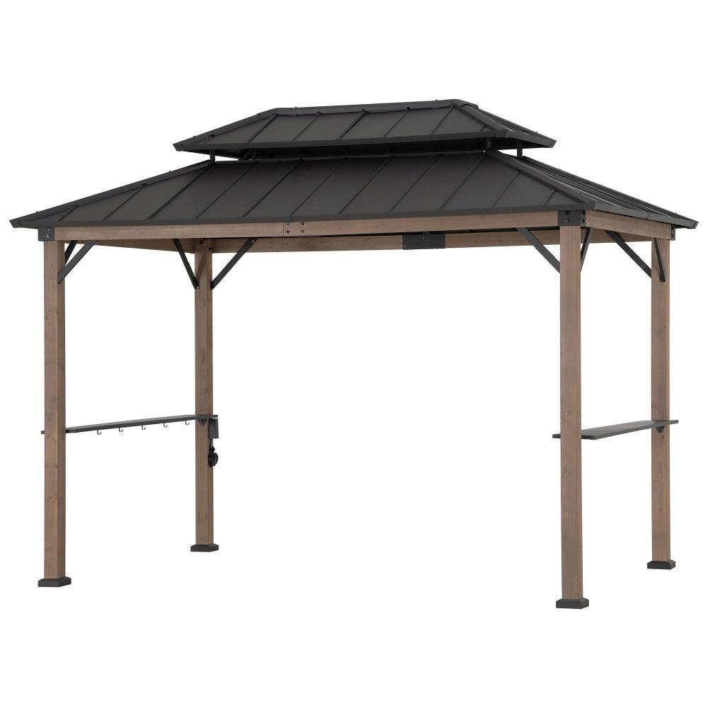 Sunjoy Pro-Grill Performance Station 8x12 in brown, studio view of the wooden frame under a two-tier steel hardtop with a hook rail and side shelf on opposite posts