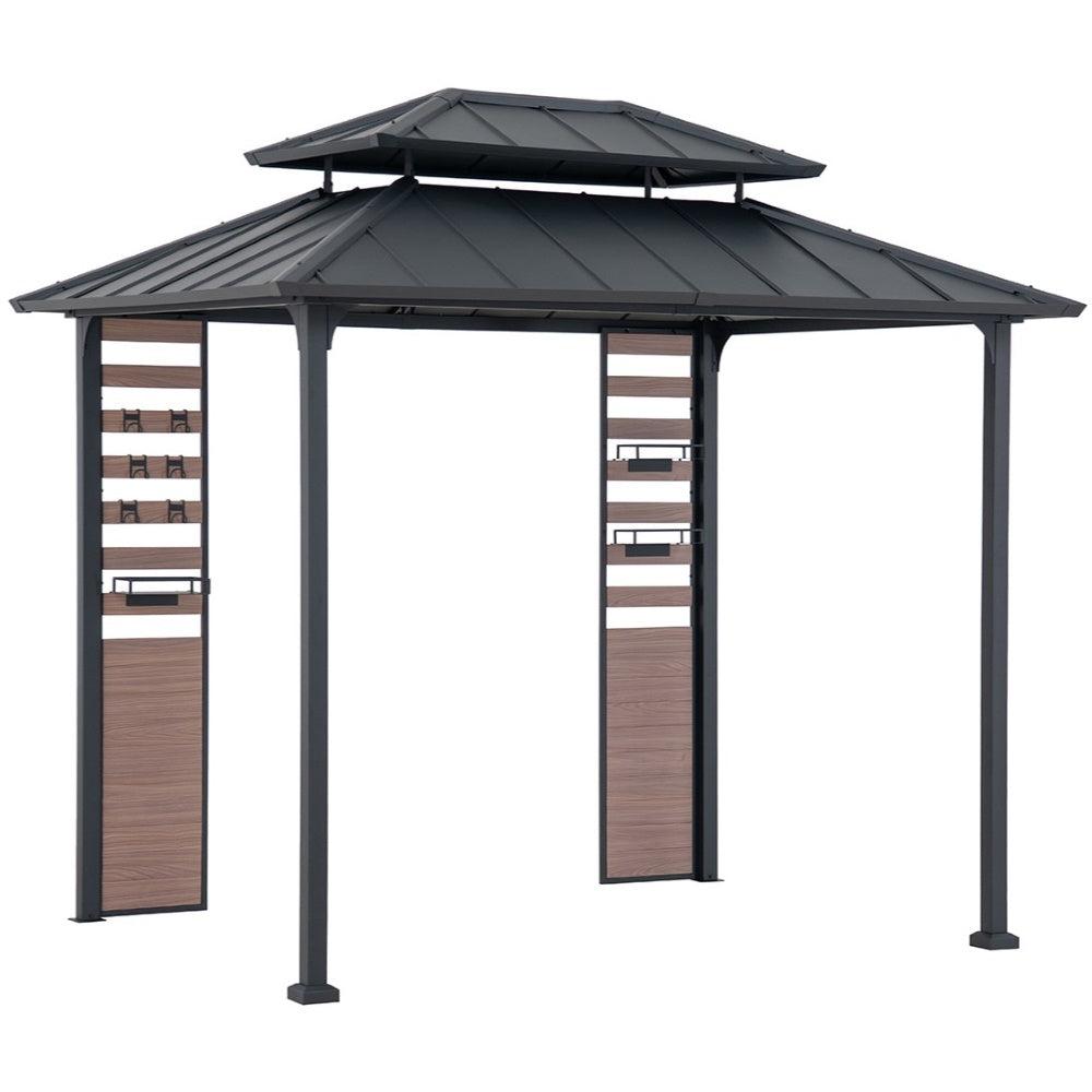 Sunjoy Rochdale 7x9 grill gazebo in black, studio view showing the two-tier steel hardtop roof over slatted woodgrain side panels