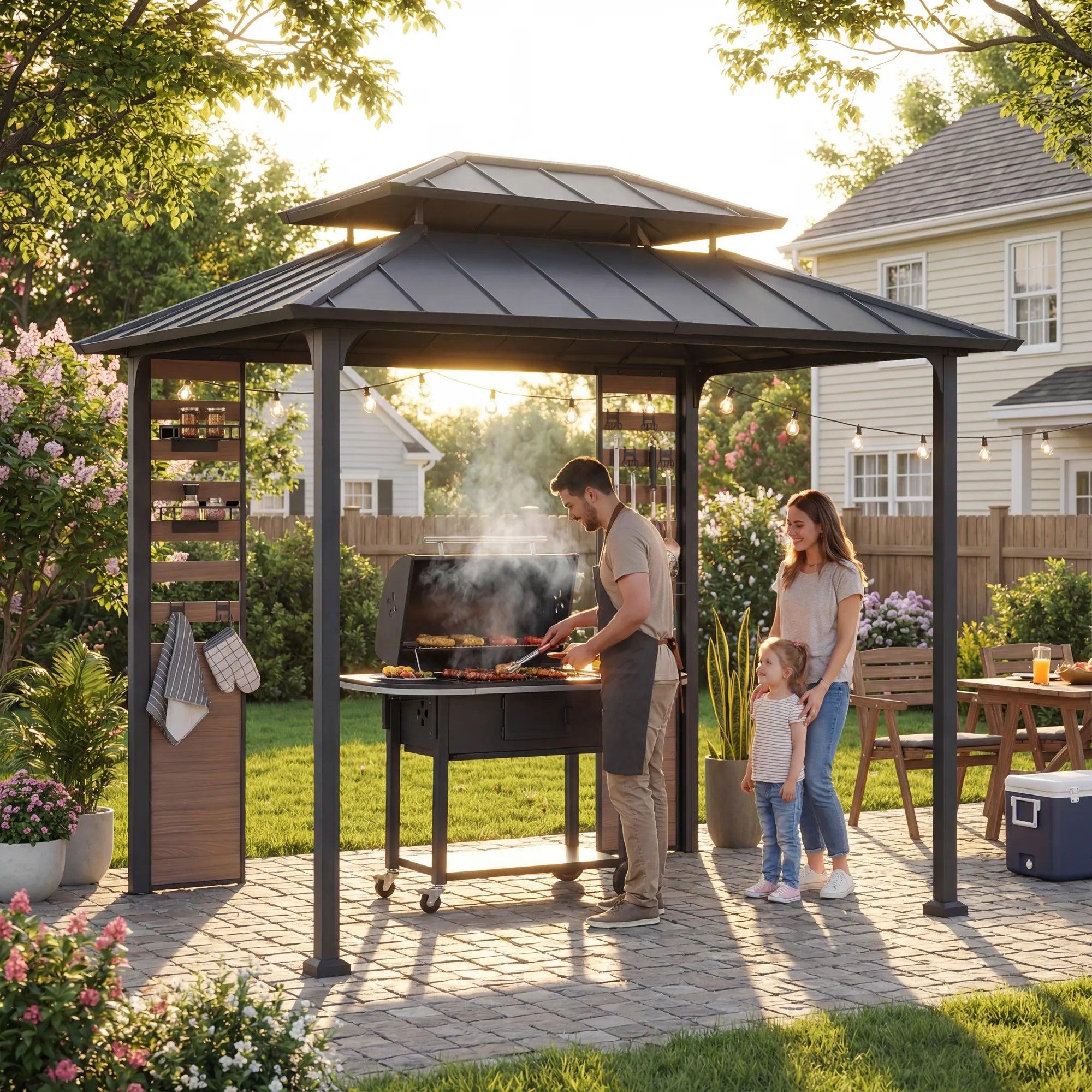Sunjoy Rochdale 7x9 grill gazebo on a lawn with a family cooking at a charcoal grill beneath the roof