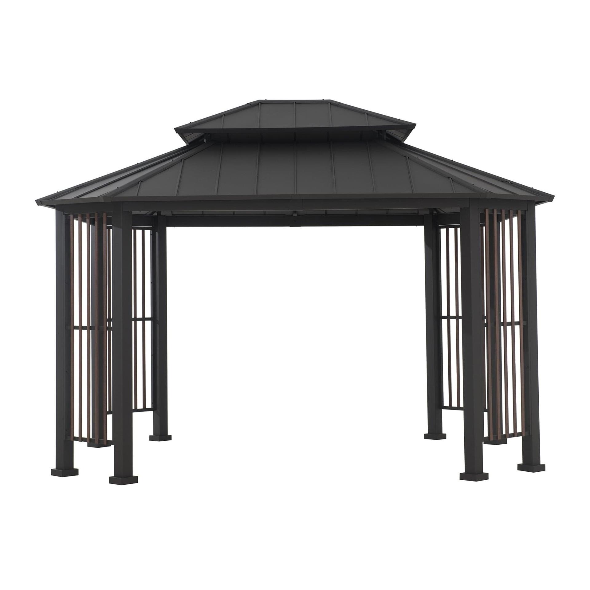 Sunjoy Rockwood octagon hardtop gazebo, studio view of the octagonal two-tier steel roof on eight slim steel posts