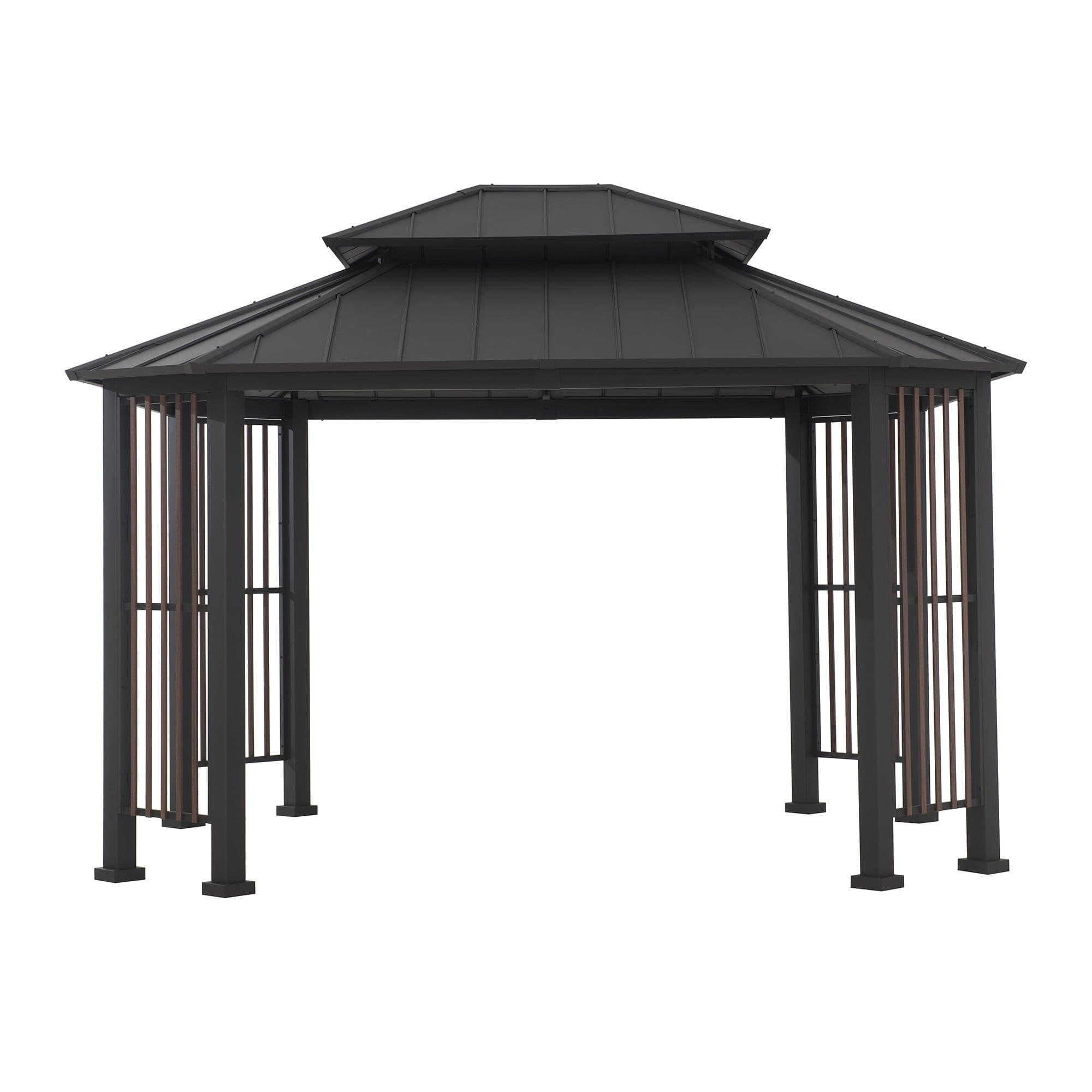 Sunjoy Rockwood octagon hardtop gazebo, studio view of the octagonal two-tier steel roof on eight slim steel posts