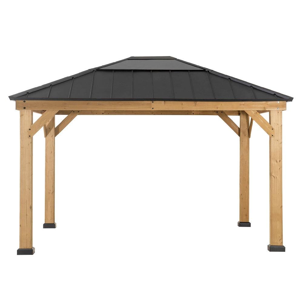 Sunjoy 11x13 wooden skylight gazebo, studio view of the galvanized steel roof on four thick pale timber posts