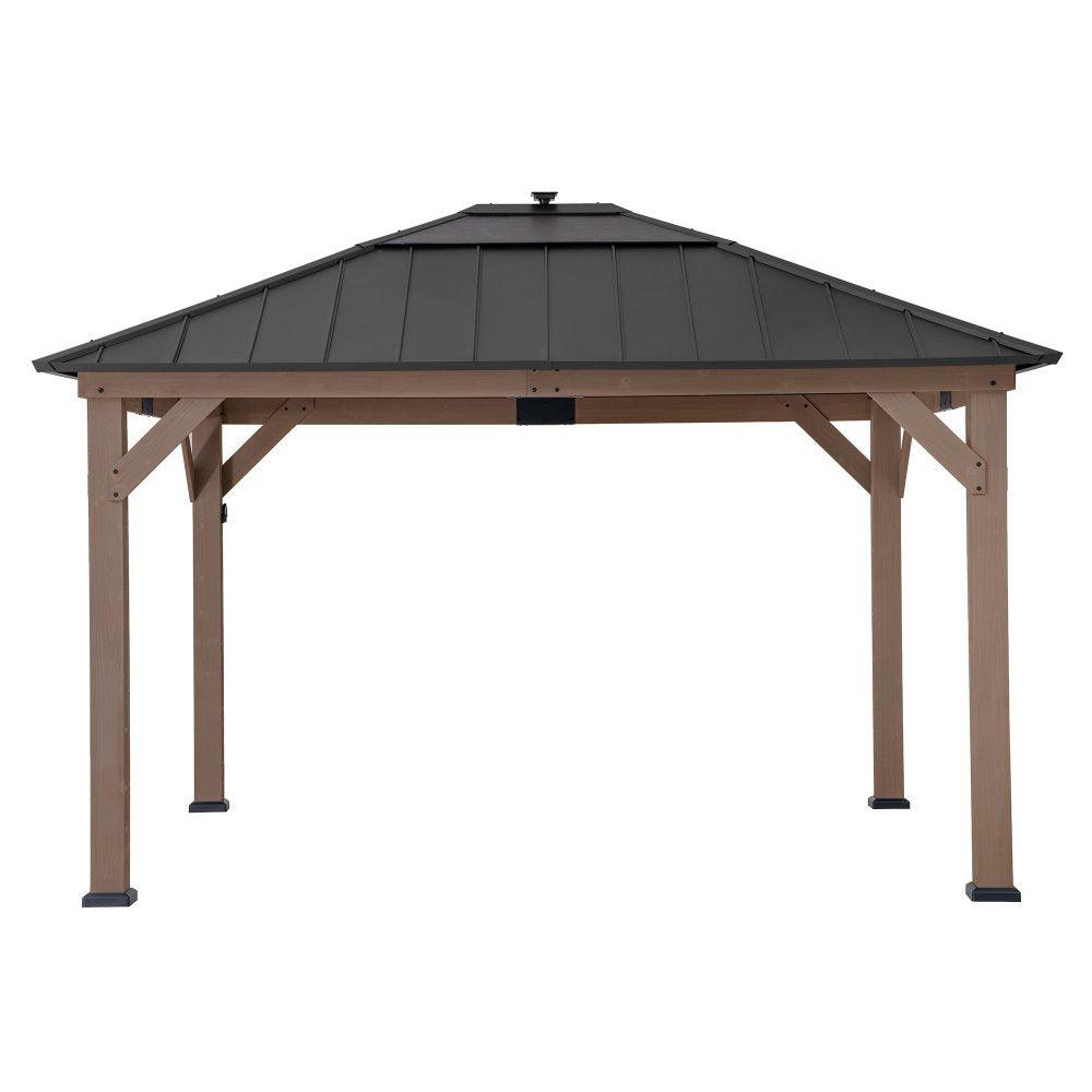 Sunjoy Smart Solar 11x13 wooden gazebo, studio view of the galvanized steel hip roof on four pale timber posts with the roof-mounted solar panel