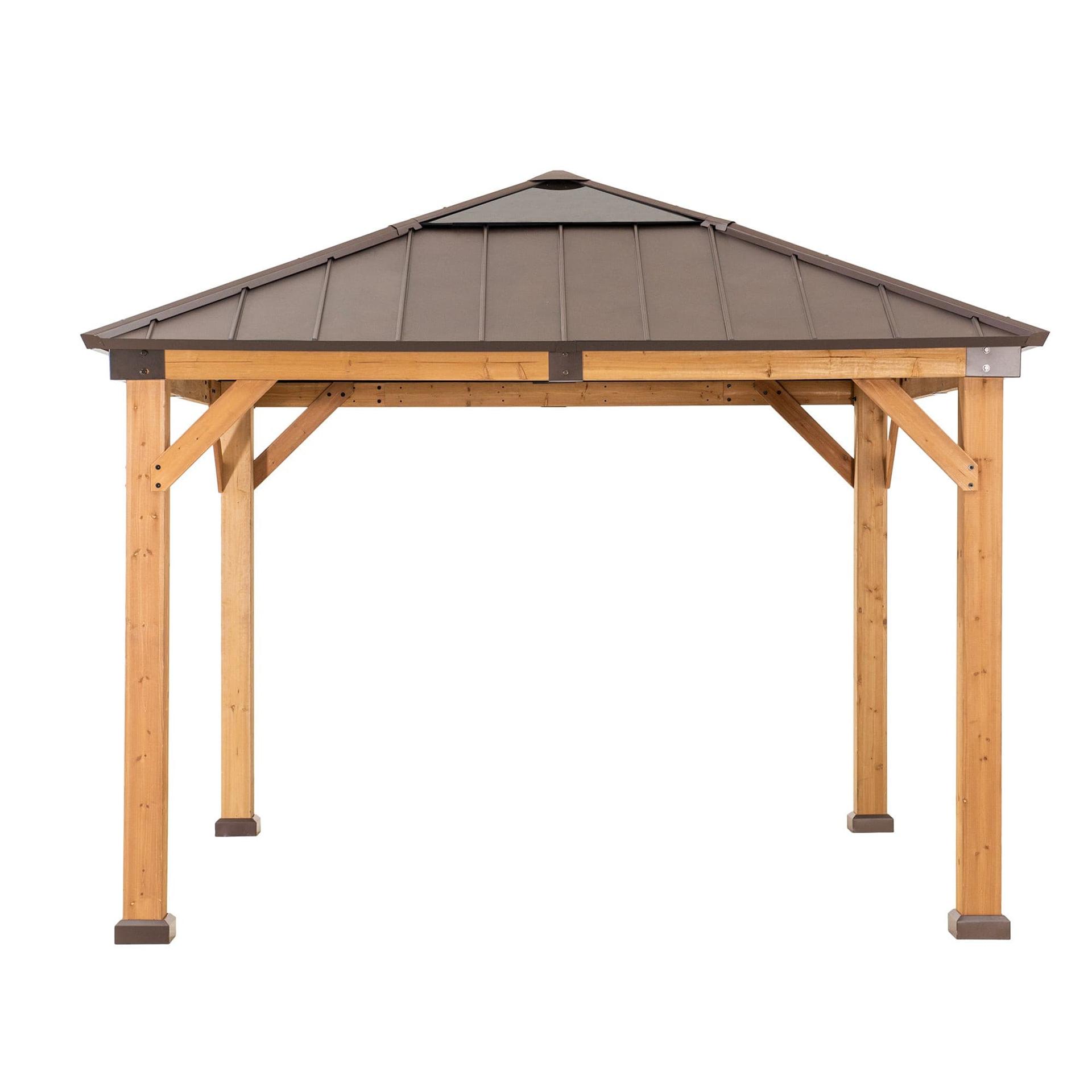 Sunjoy 11x11 wooden skylight gazebo, studio view of the galvanized steel roof on four pale timber posts with triangular corner bracing